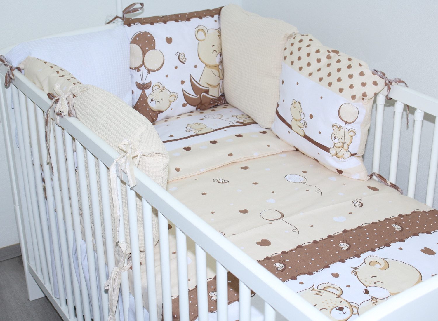 Primawela Babybettwäsche Bettwäsche Waffelpiqué Baby Bettset Kissen -Nestchen Chiffon Himmel, 5 teilig