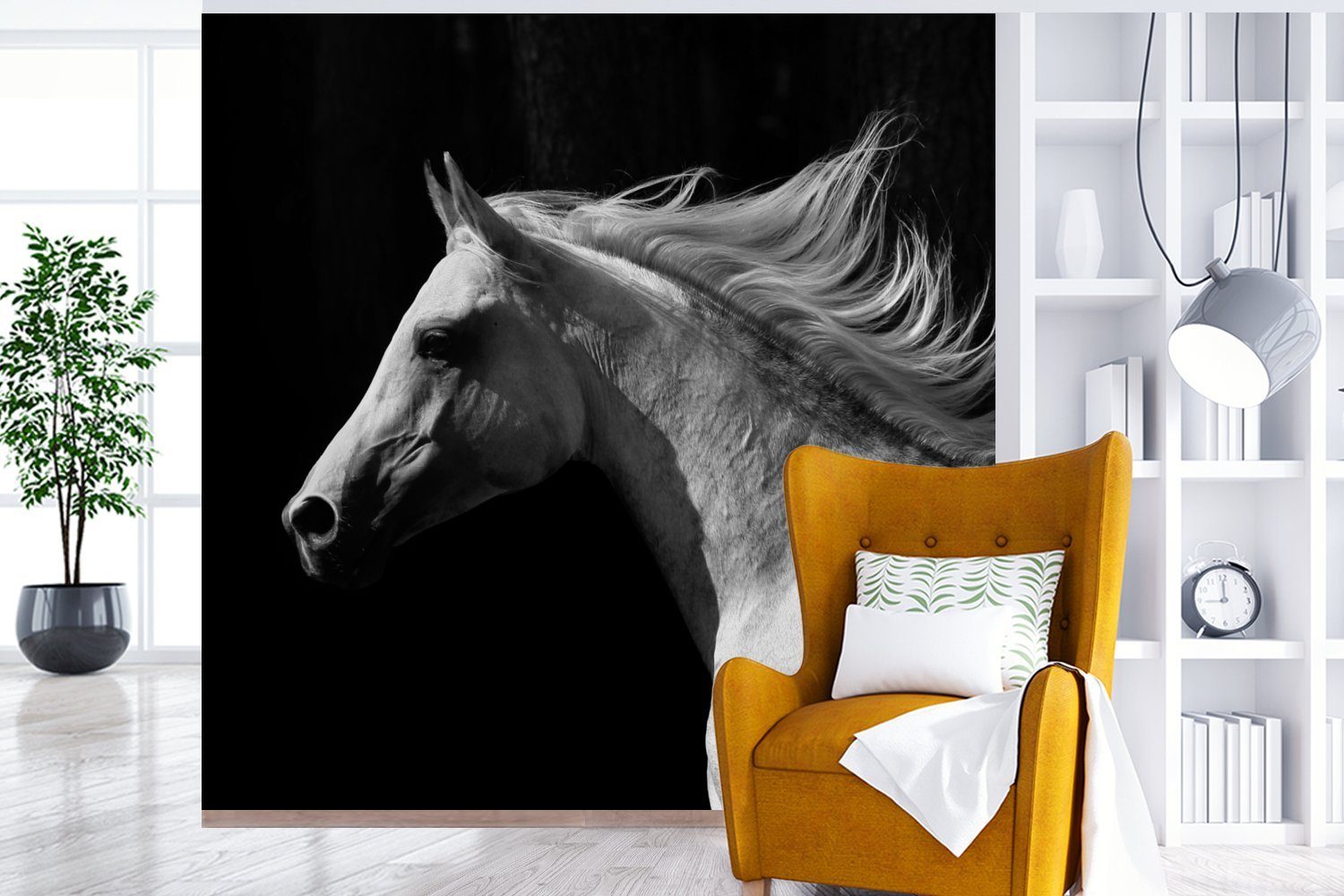 MuchoWow Fototapete Pferd - Weiß Schwarz, Matt, bedruckt, Tapete - Vinyl (5 St), Schlafzimmer, oder Wandtapete für Wohnzimmer