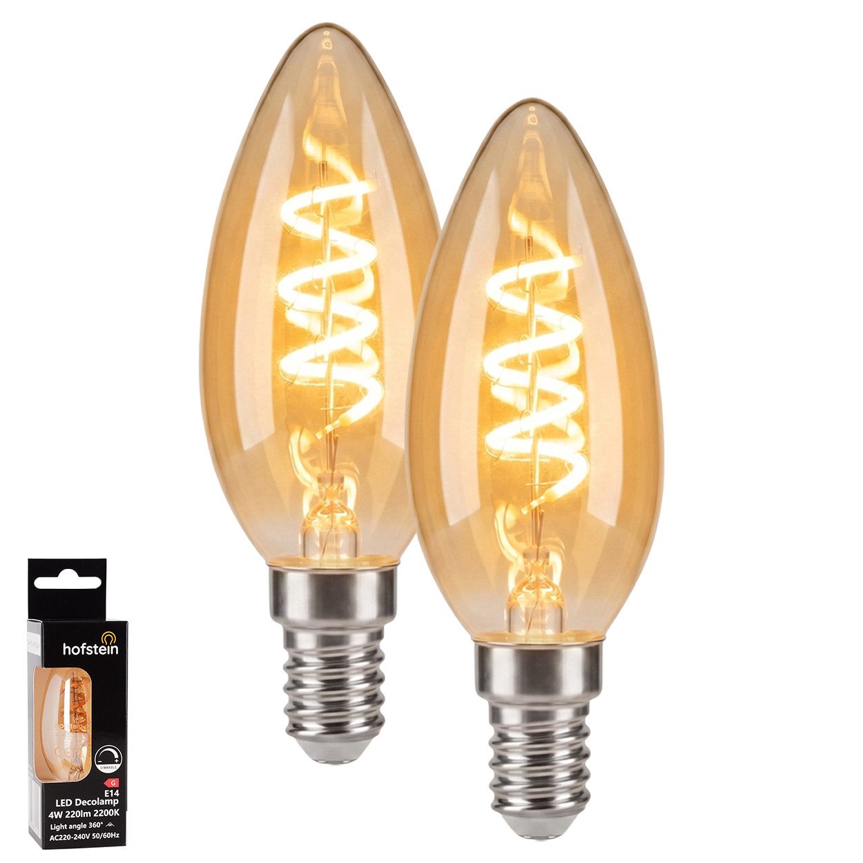 hofstein LED-Leuchtmittel 2er Set Glühbirne Extra Warmweiß dimmbar 4 Watt, E14, 2200 Kelvin, 220 Lumen, Kerze, Filament Spirale, Amber
