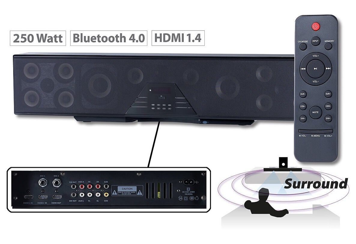auvisio 6-Kanal-3D-Soundbar 5.1-Surround-Sound 4.0, HDMI, 250 Watt Soundbar (Bluetooth, 125 W, insgesamt 15 Lautsprecher)