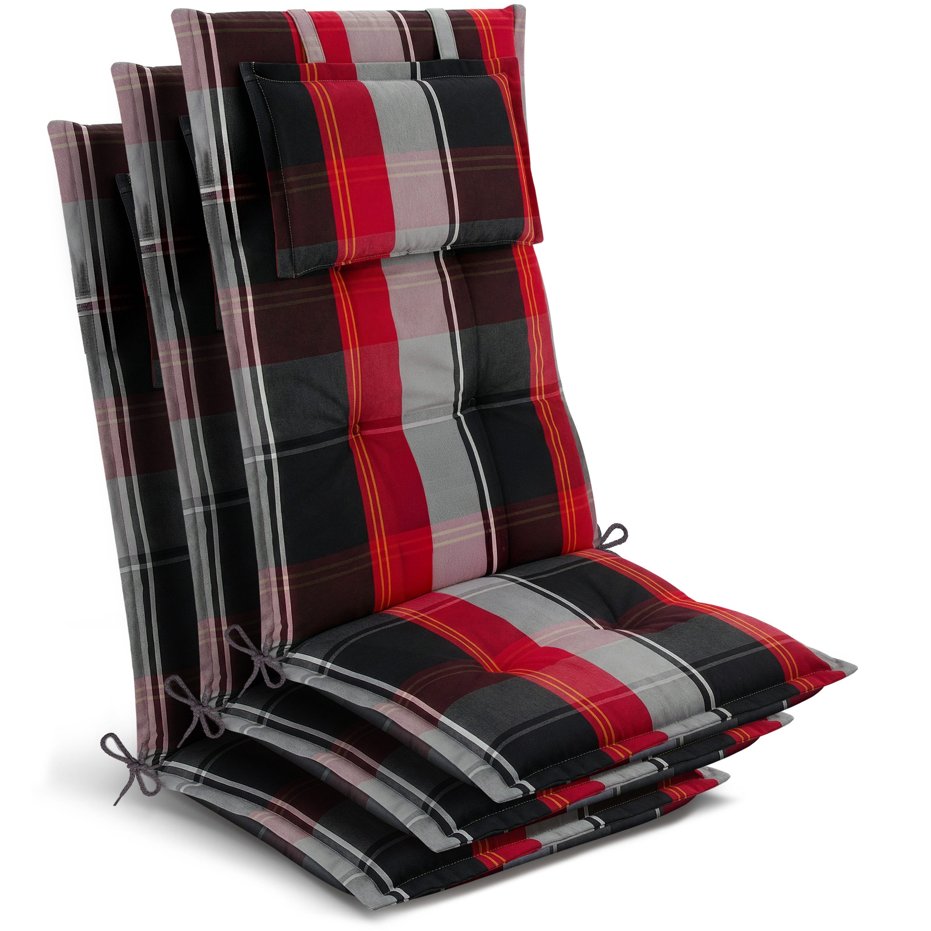 Beautissu Hochlehnerauflage 3x Premium Hochlehnerauflage 120x50x7cm, Schwarz-Rot-Weiß-Kariert, Gartenstuhlauflage Hochlehner - Robuster Stoff & UV-Lichtechtheit