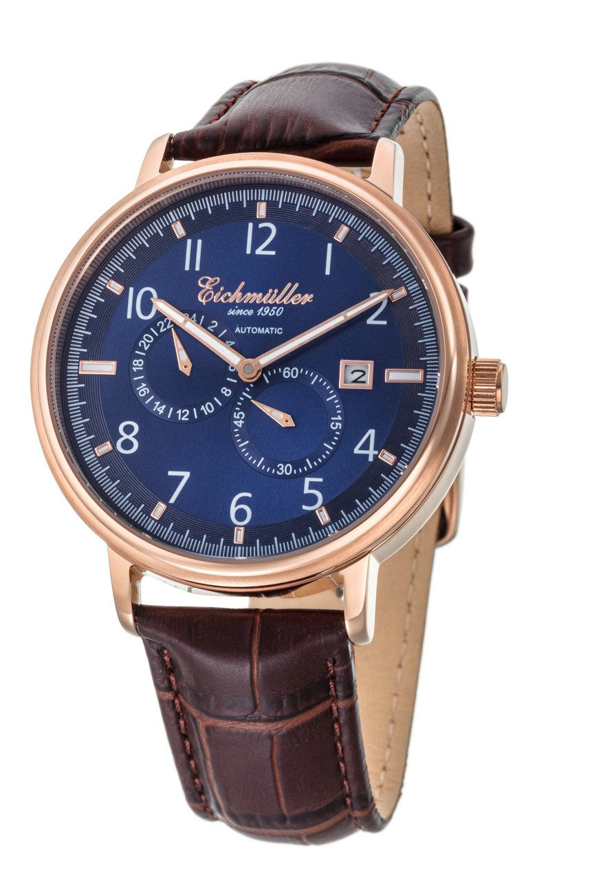 Eichmüller Automatikuhr 42 mm – IP-Rose-Gehäuse, blaues Zifferblatt & braunes Lederband RE7028, Automatik mit Sichtboden & Datumsanzeige