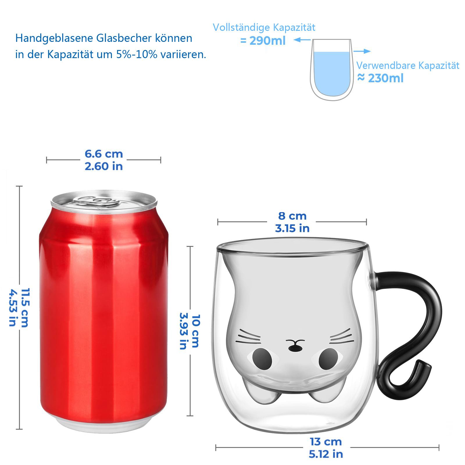 Coonoor Latte-Macchiato-Glas Doppelwandige Süße katze Kaffeetasse, 290ml Kaffeeglas Teegläser, Geburtstag Valentinstag Geschenke für Frauen Kinder