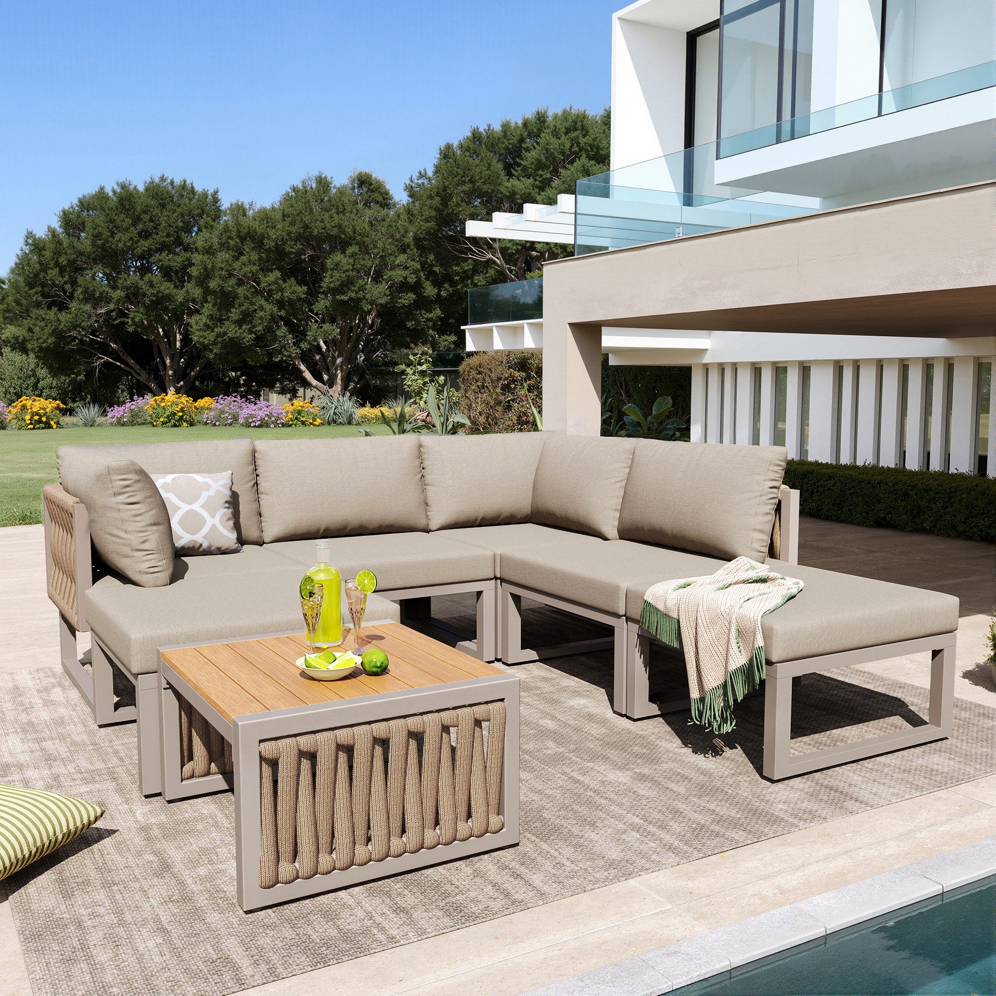Flieks Gartenlounge-Set, 6-Sitzer Gartenmöbel mit verstellbarem Rückenlehnenwinkel, frei ordnen