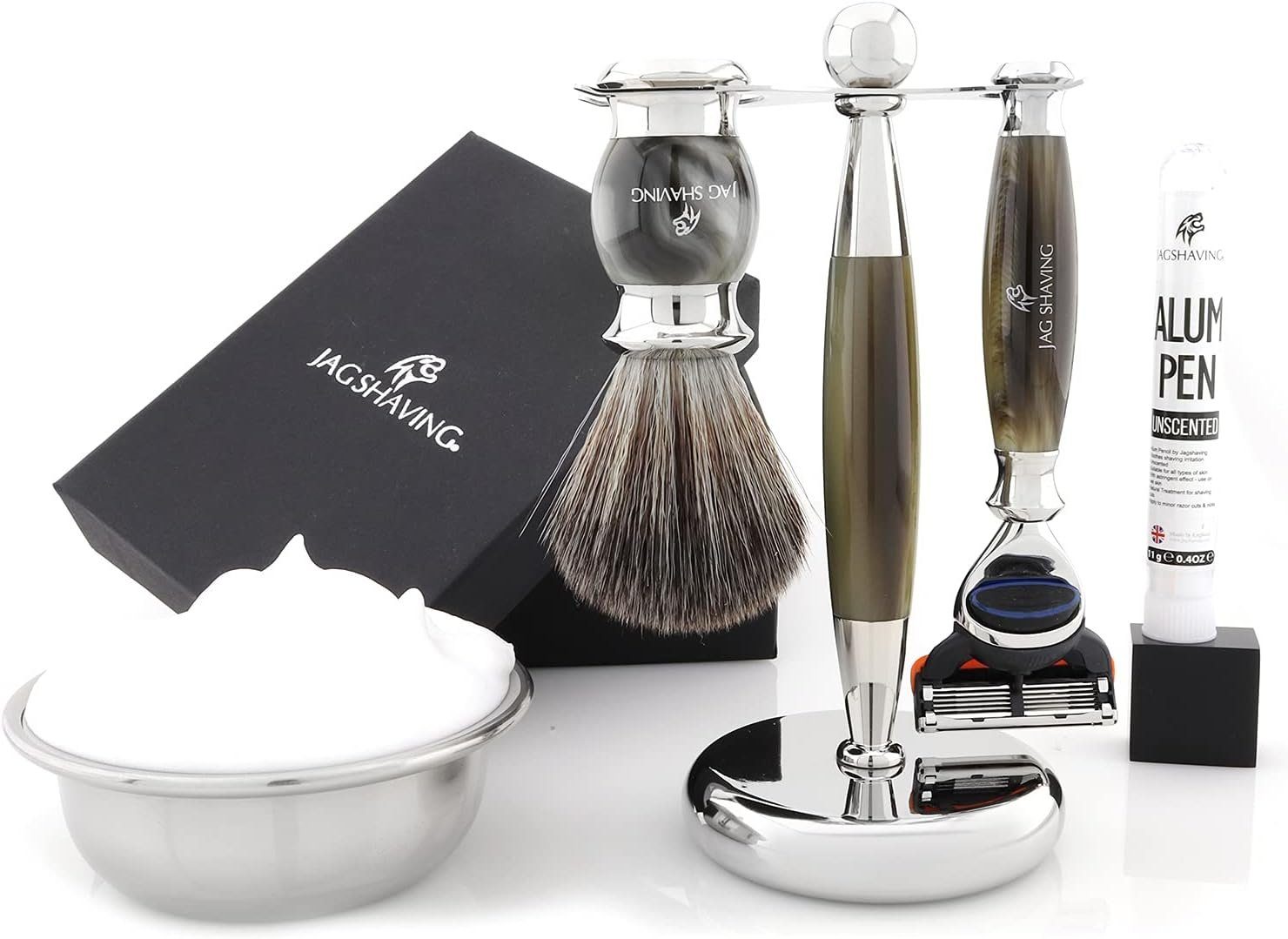 JAG SHAVING Rasierpinsel-Set Herren-Rasierpinsel-Set, Premium Jag Shaving Kunsthaar, Systemrasierer, Set, 5 tlg., Rasierset mit zusätzlichem Rasierzubehör für eine klassische Rasur., beste Erfahrung beim manuellen Speichern