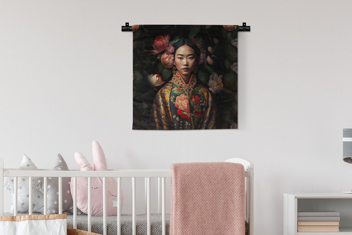 Wandbehang, - - Schlafzimmer, für Asiatisch MuchoWow Frau Kleid, Kimono Porträt, Blumen Wanddeko - - Wanddekoobjekt Wohnzimmer, Kinderzimmer