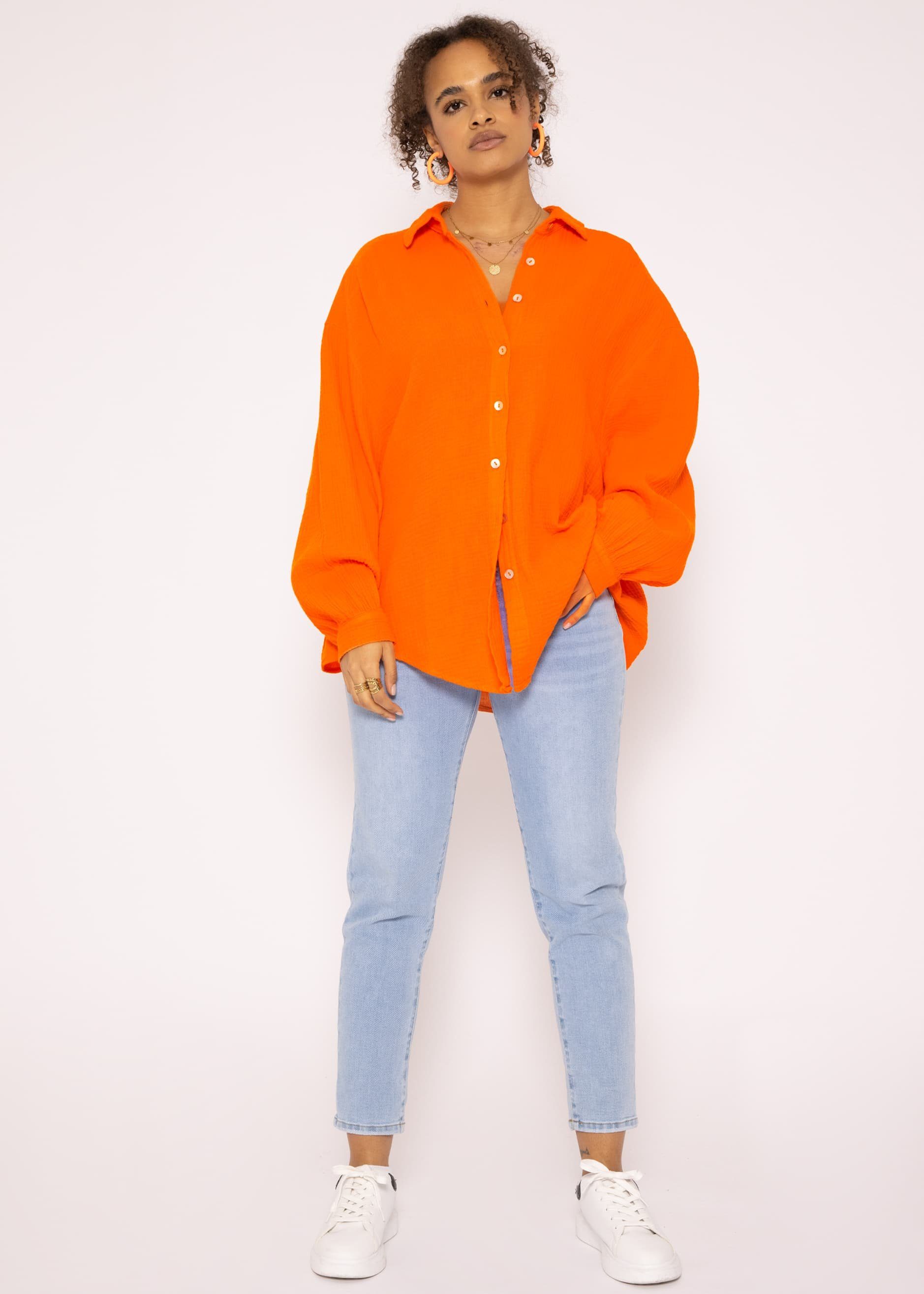Langarm Size aus SASSYCLASSY One Longbluse lang 36-48) Orange Hemdbluse Damen Baumwolle Musselin mit Bluse (Gr. Oversize V-Ausschnitt,