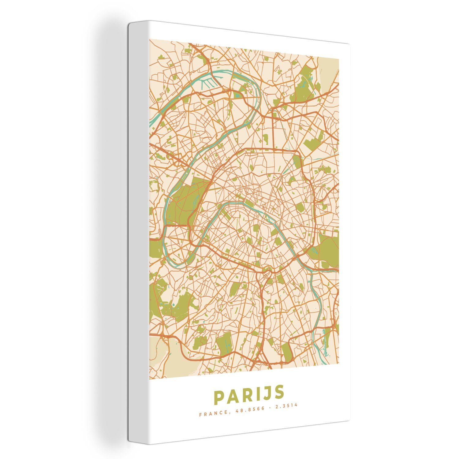 OneMillionCanvasses® Leinwandbild Karte - Paris - Stadtplan - Vintage, (1 St), Leinwandbild fertig bespannt inkl. Zackenaufhänger, Gemälde, 20x30 cm