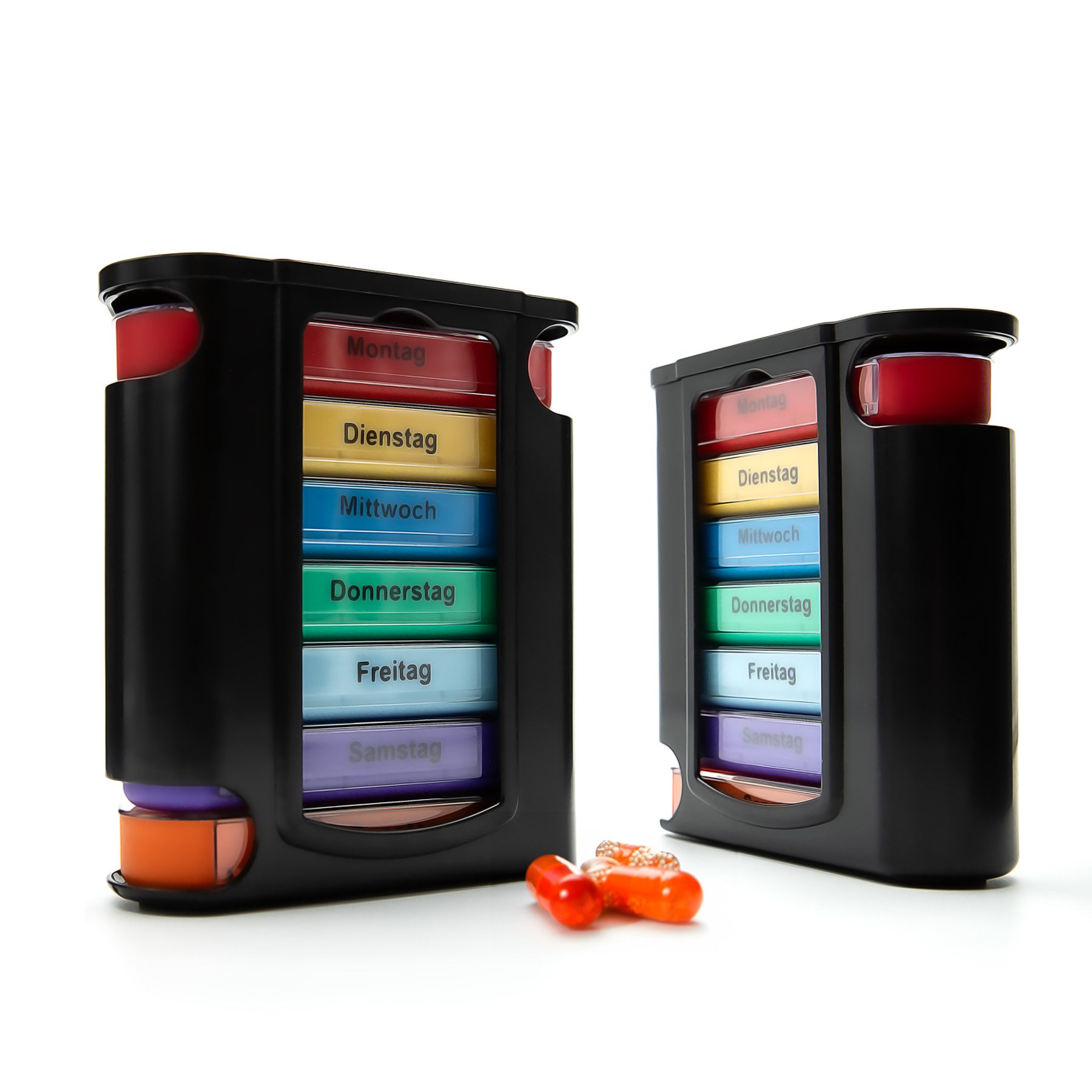 BigDean Pillendose 2 Stück Tablettenbox Schwarz 7 Tage Morgens, Mittags, Abends & Nachts (Set, 2 St., Tablettendosenturm), Tablettendosenturm, 7 tage Sortierdosen, BPA-Frei, Lebensmittelecht.