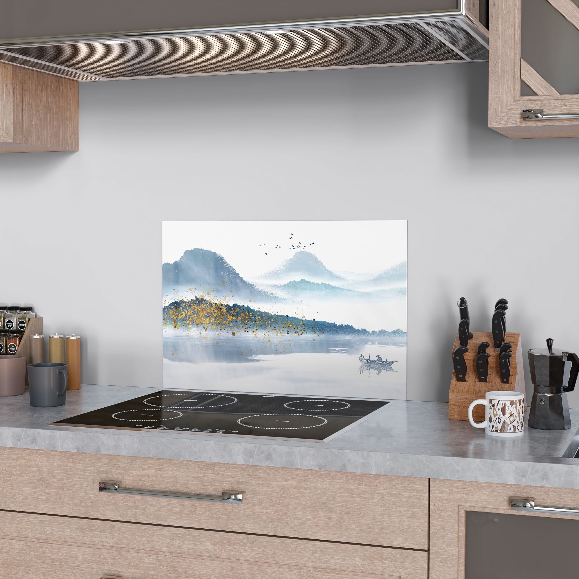 Badrückwand 'Berge Herdblende Glas Spritzschutz Küchenrückwand mit DEQORI Farbakzenten',
