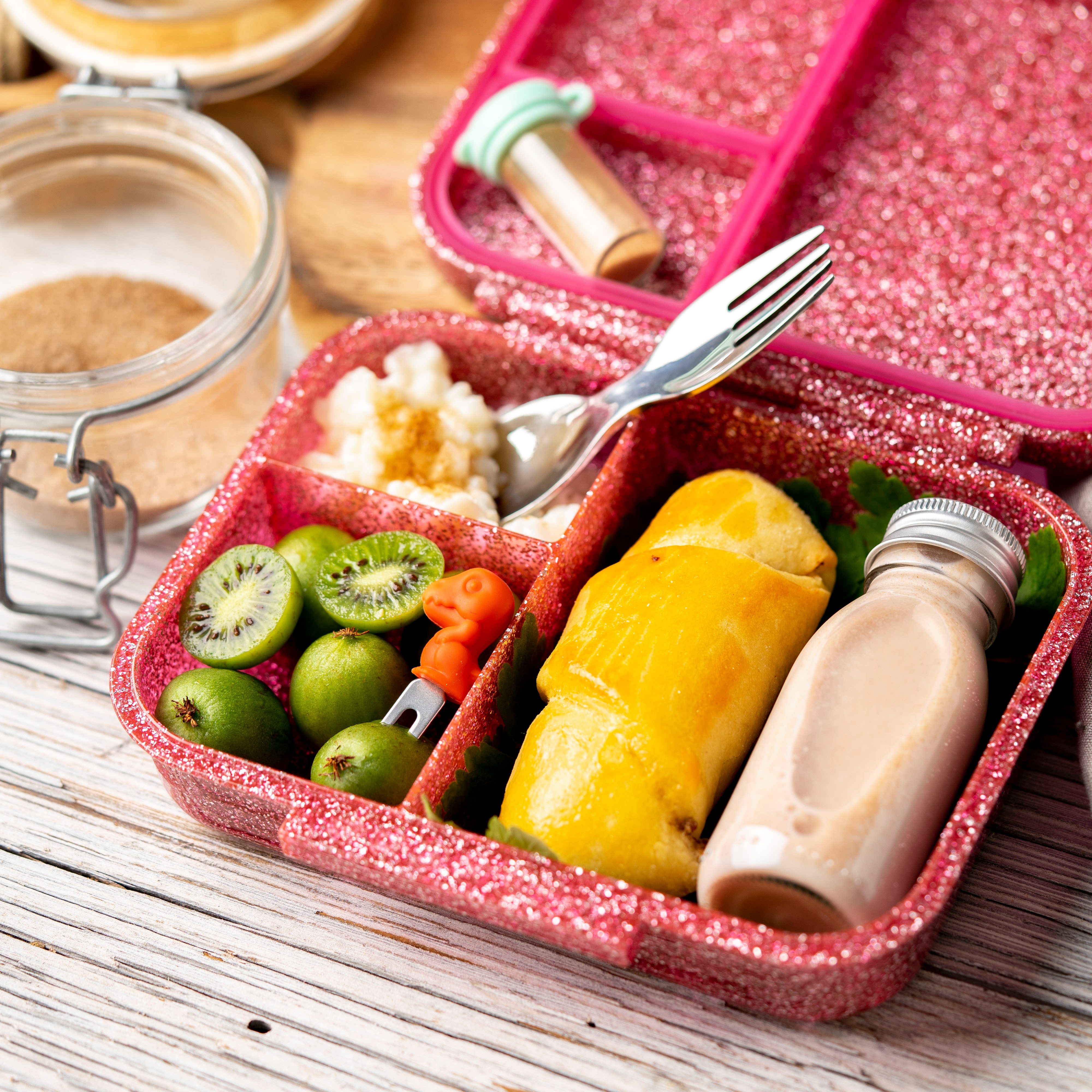 LEKKABOX Lunchbox Mini Glitzer Brotdose, 3 Fächer - Kinder Bento Box Vesperdose Brotbox, Für feuchte Lebensmittel auslaufsichere Bento Box, inkl. extra Trenner