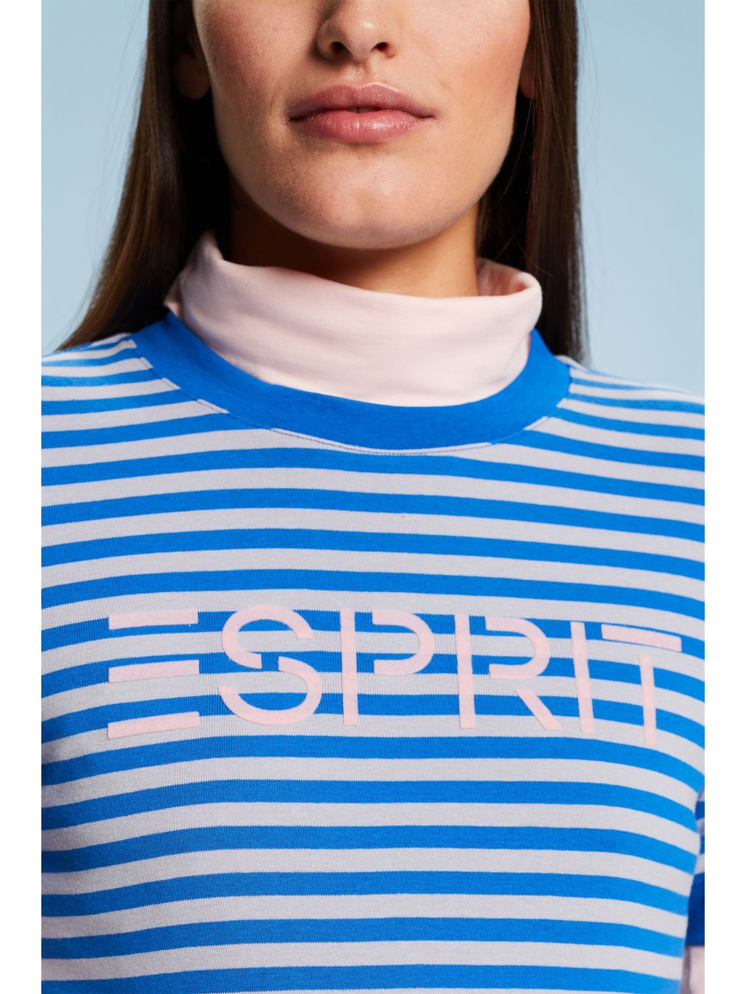 Esprit T-Shirt Gestreiftes Logo-Print mit BLUE (1-tlg) LIGHT LAVENDER Baumwoll-T-Shirt