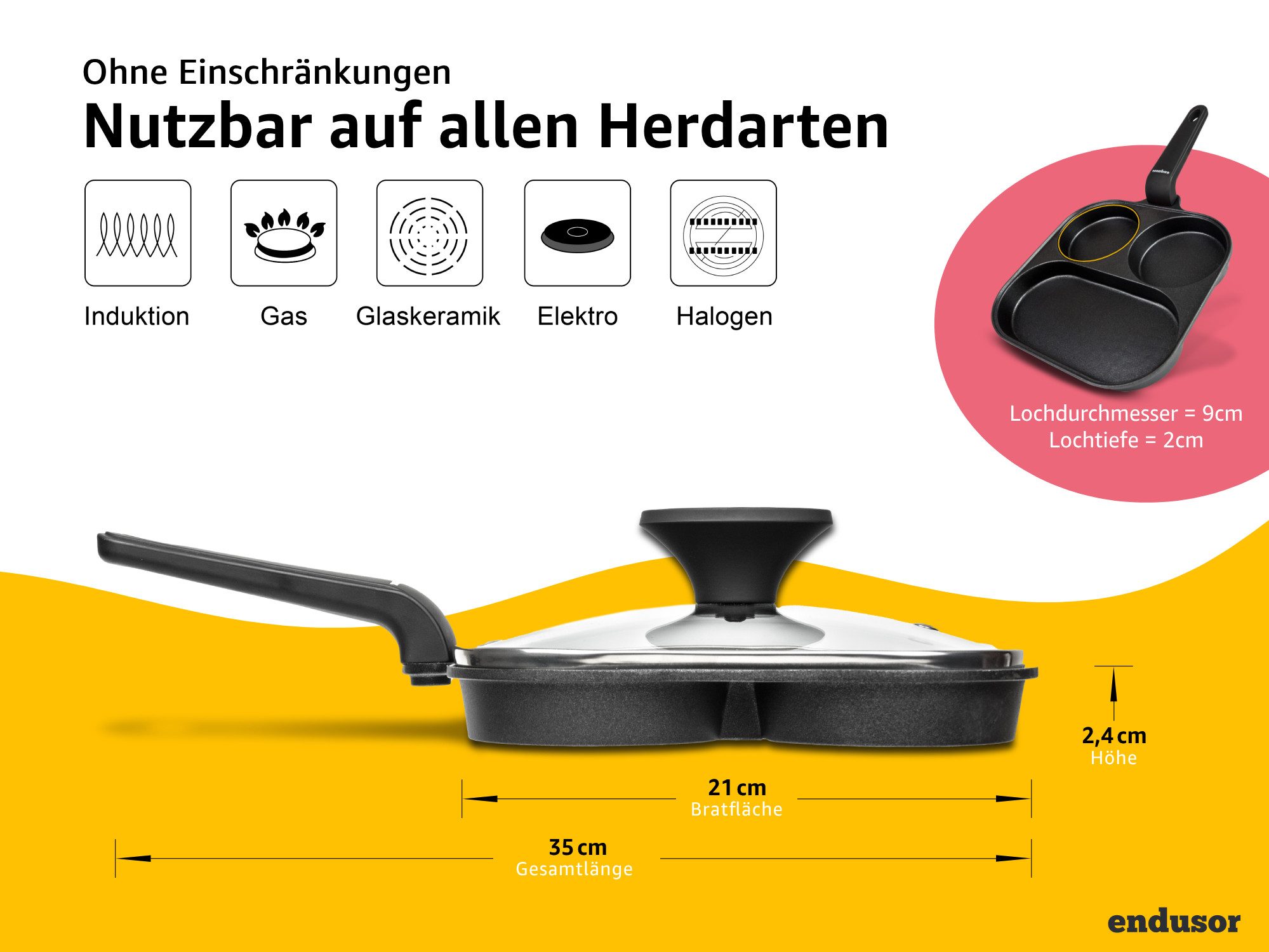 endusor Bratpfanne Frühstückspfanne Spiegeleipfanne (21cm), Aluminiumguss (inkl. Glasdeckel, Alle Herdarten auch Induktion), Antihaft-Beschichtung & Eisenkernboden für Spiegelei, Pancakes & Mehr