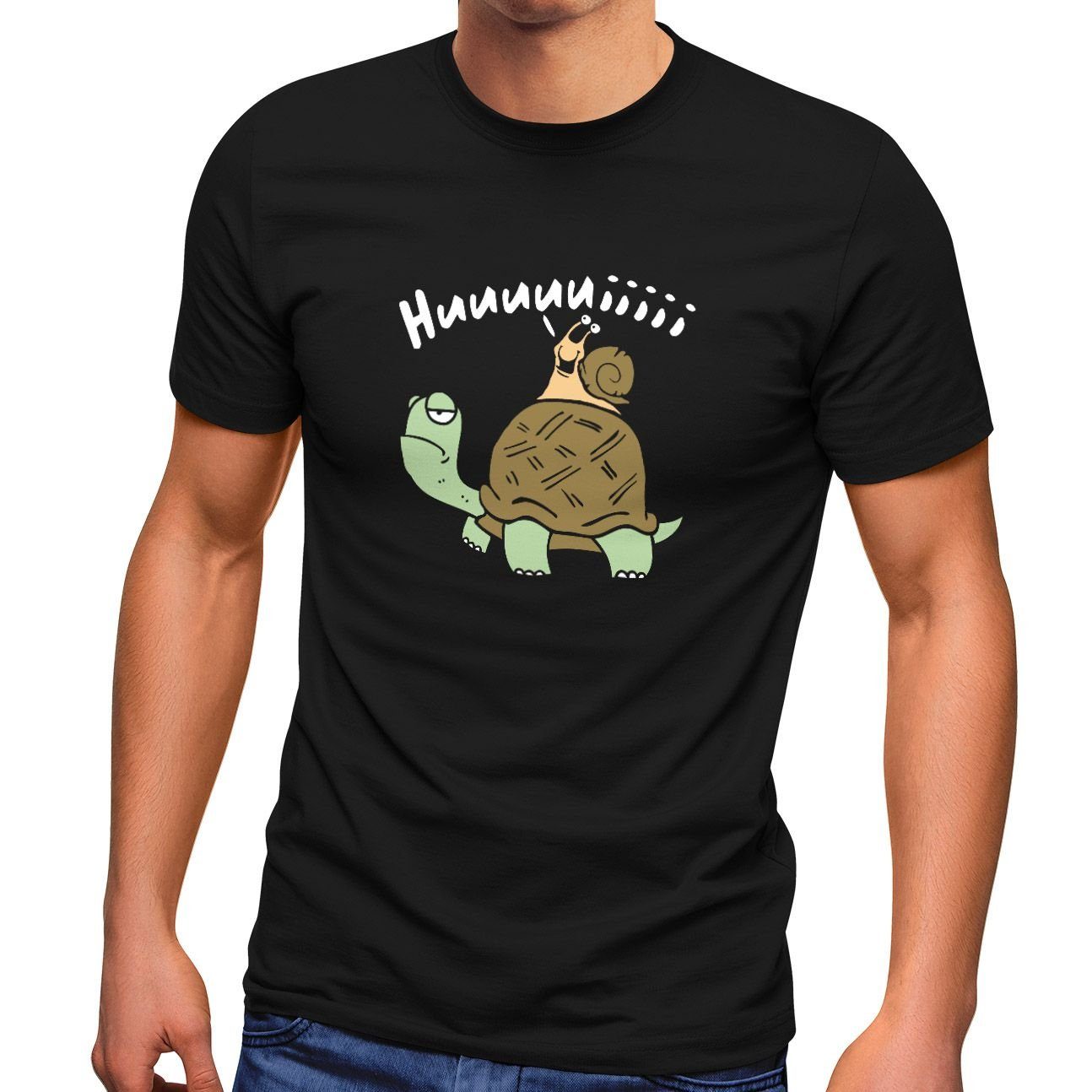 mit schwarz Schildkröte Huuuuiiii Lustig Spruch Witzig Moonworks® T-Shirt Print Herren Scherz lustig Comic Print-Shirt MoonWorks Fun-Shirt Schnecke