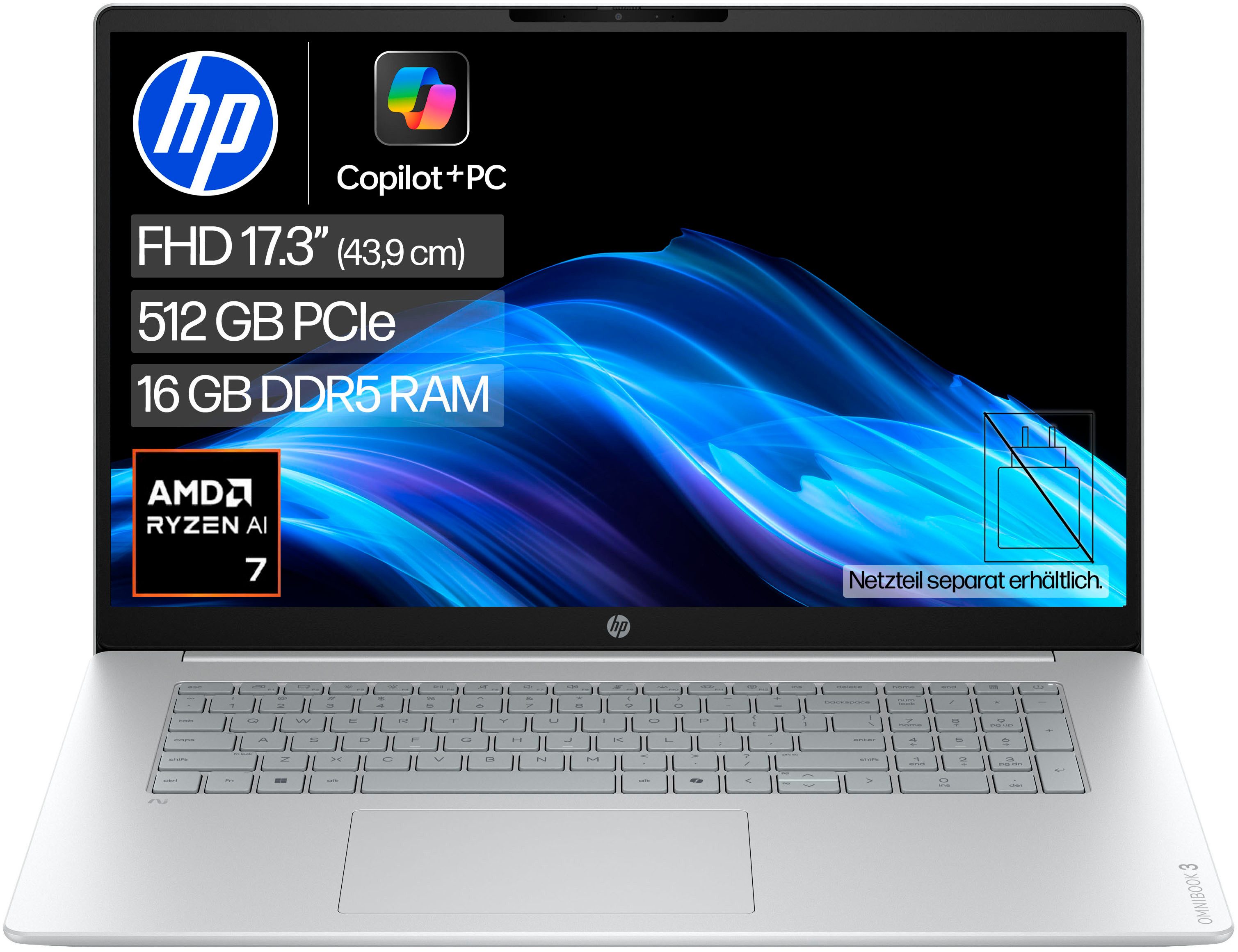 HP OmniBook 3 17-dm0071ngx Notebook (43,9 cm/17,3 Zoll, AMD Ryzen™ AI 7 445, Radeon 840M, 16 GB, 512 GB SSD)