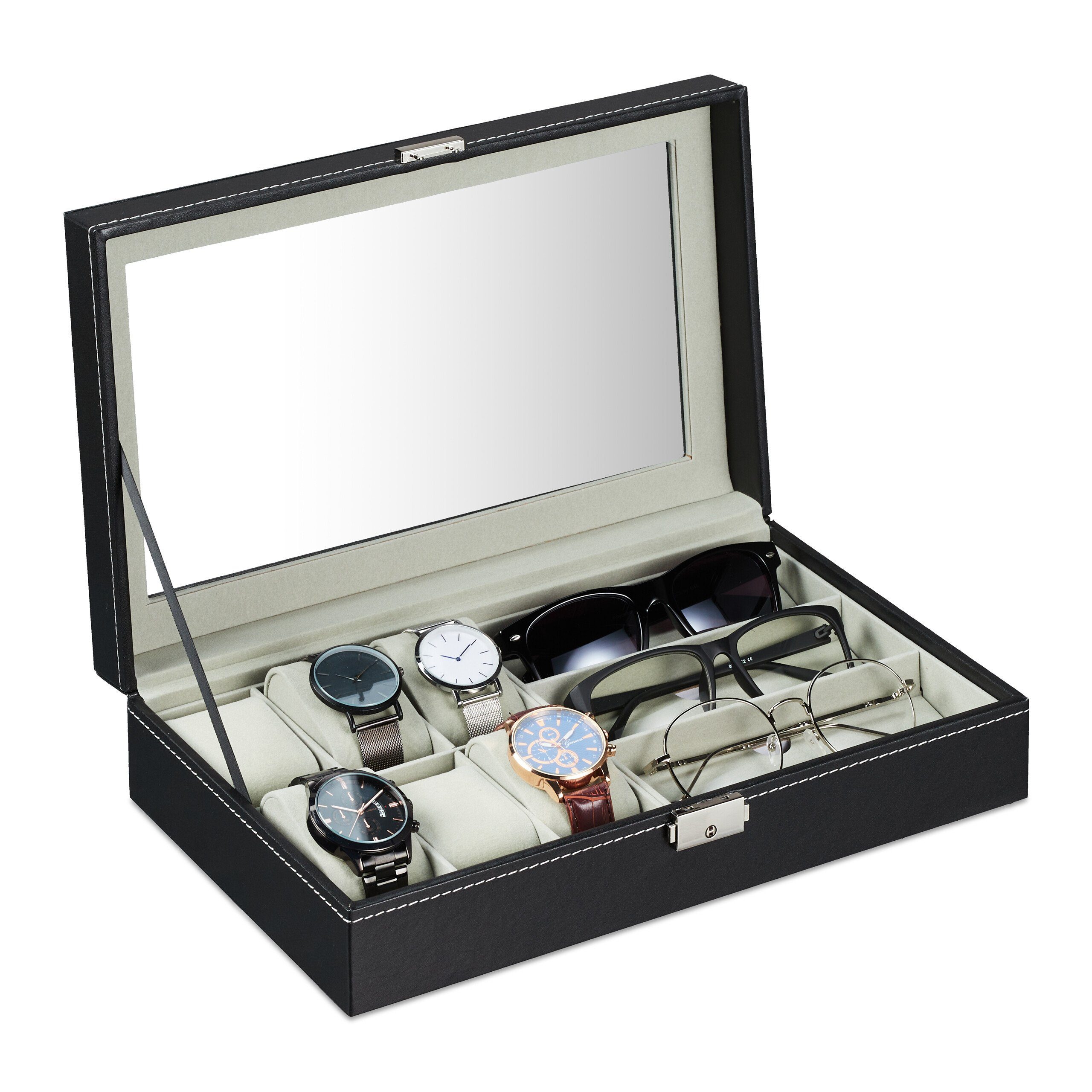 relaxdays Schmuckkasten Schmuckaufbewahrung für Uhren & Brillen, Schwarz Schwarz Grau Silber