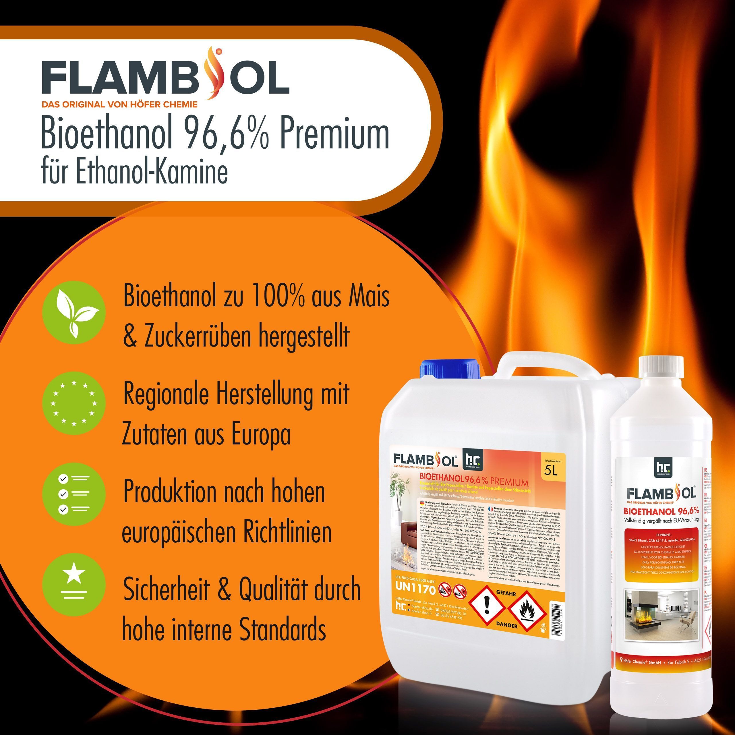 Höfer Chemie GmbH Bioethanol 20 L FLAMBIOL® Bioethanol 96,6% Premium für Ethanolkamin in Kanistern, 20 l, (1-St), Sauberer Brennstoff für Kamine und Feuerstelle – Bild 4 von 5