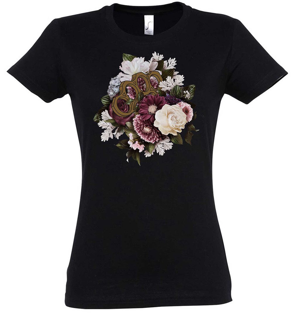 Print-Shirt Brass Knuckles And Flowers Damen T-Shirt Tattoo Oldschool Newschool