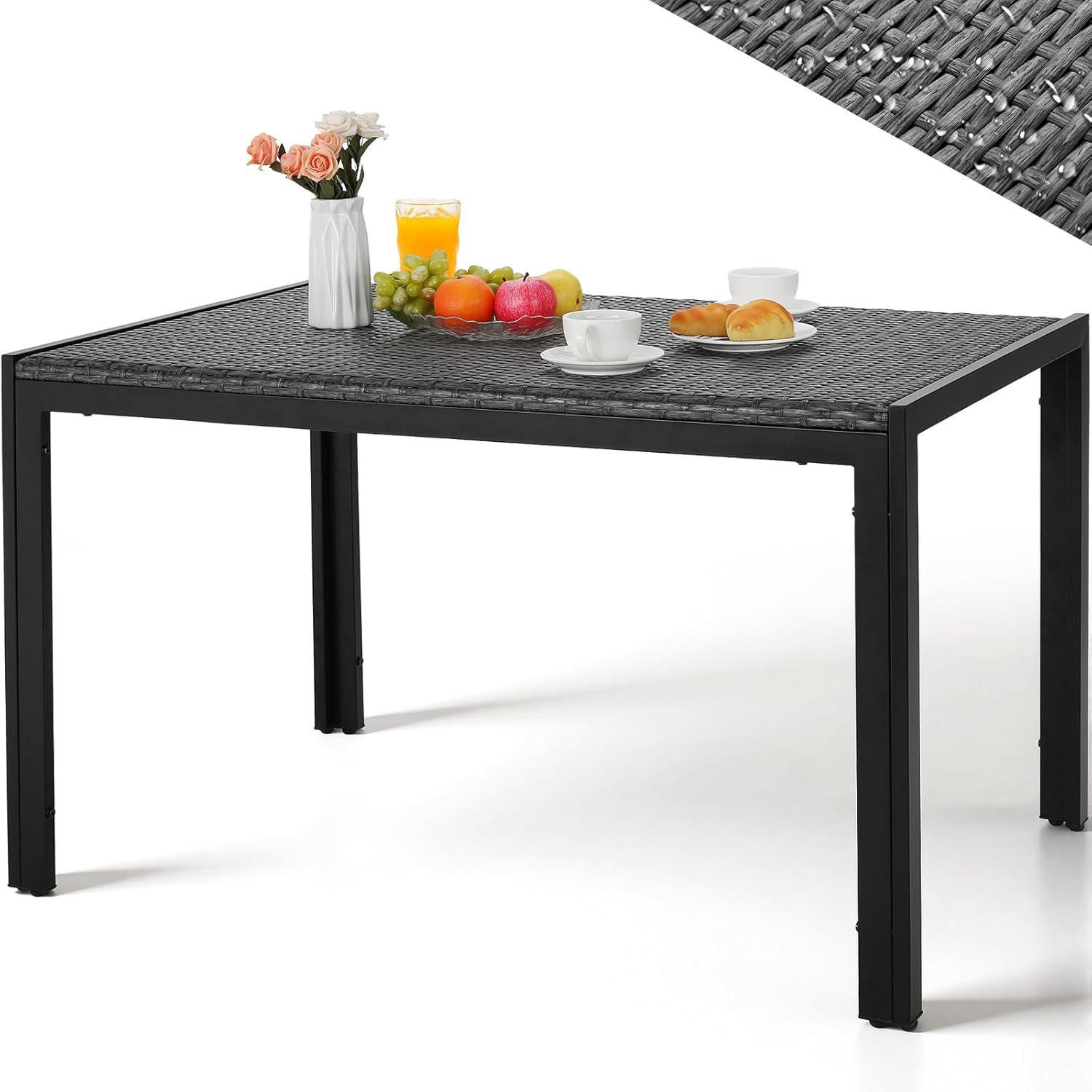 TLGREEN Gartentisch PE-Rattan 119x74cm, Wetterfester Polyrattan Esstisch für 6 Personen (Balkontisch mit Höhenverstellbaren Füßen & Stabilen Metallrahmen), UV-beständiger Terrassentisch für Garten Balkon Outdoor Gastro