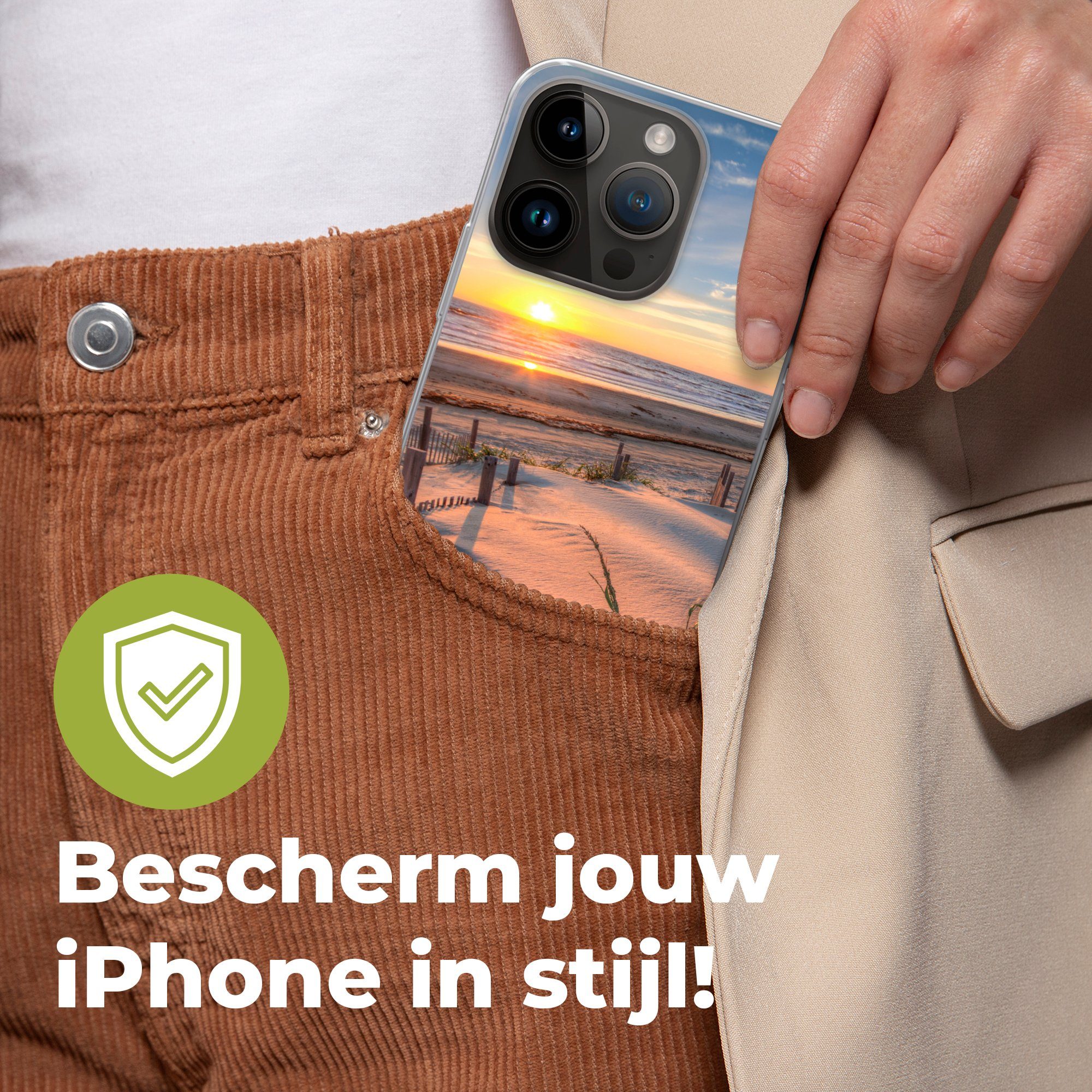 MuchoWow Handyhülle für Apple iPhone 14 Pro Strand - Meer - Düne - Sonnenuntergang - Lands, Smartphone-Bumper, Print, Handy Schutzhülle Dünn