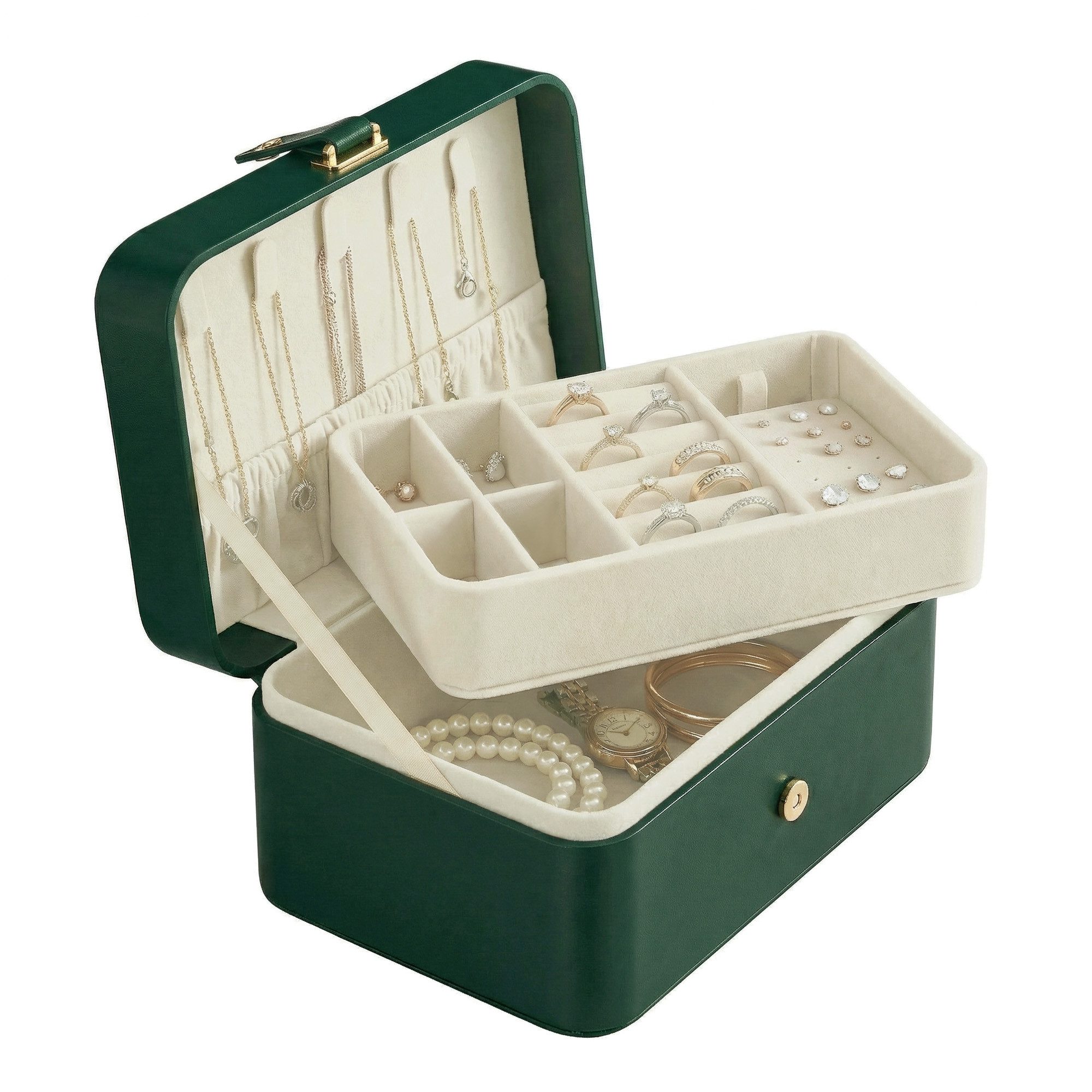 SONGMICS Schmuckkasten Schmuckkästchen Reise, Schmuckaufbewahrung, für größere Accessoires, 2 Ebenen, tragbar, Schmuck-Reiseetui, Geschenkidee, waldgrün