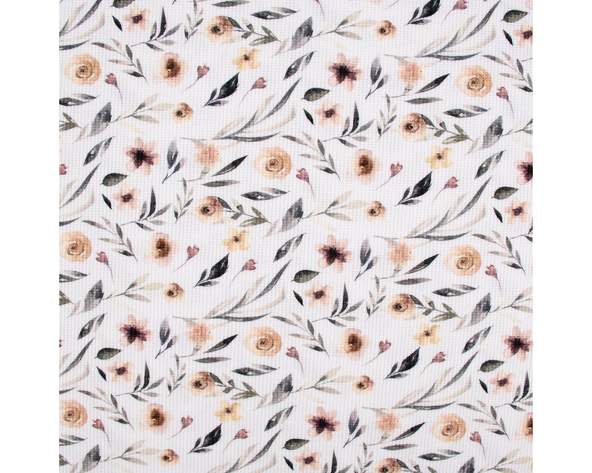 Thumbnail - SCHÖNER LEBEN. Stoff Waffeljersey Waffelstrick Digitaldr. Aquarell Blumen weiß beige grün, allergikergeeignet