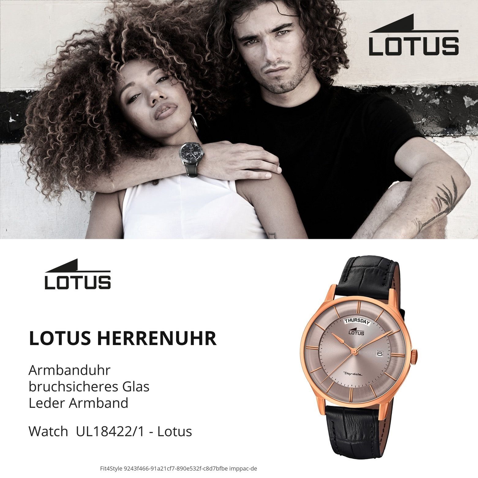 L18422/1 Herren groß (ca. 40mm), Lederarmband Elegant Lotus Quarzuhr Armbanduhr Herren Lotus Uhr schwarz rund, Leder,