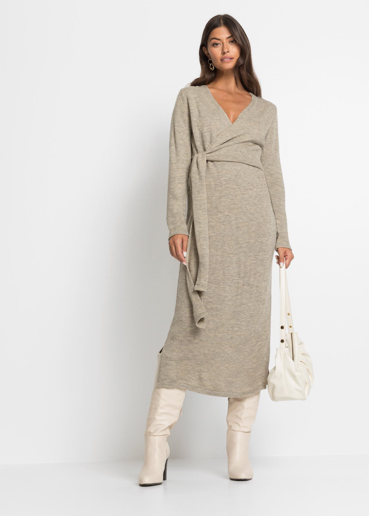 bonprix Strickkleid Midi-Strickkleid in Wickeloptik mit V-Ausschnitt