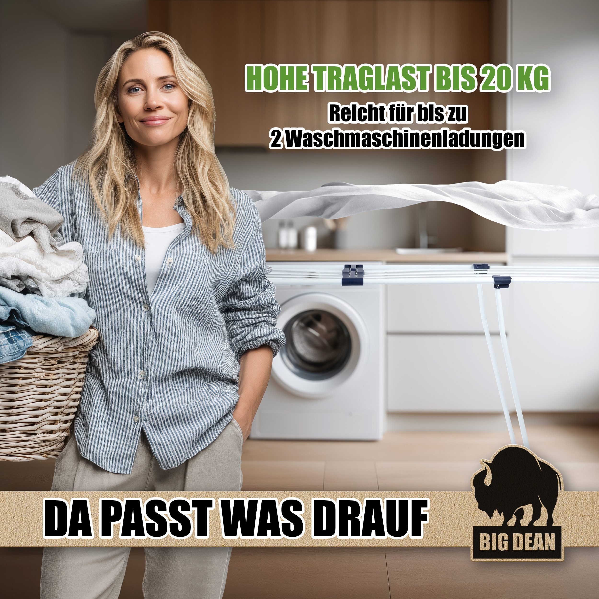 BigDean Wäscheständer Standtrockner ausziehbar 20m XXL zusammenklappbar weiß - stabil, Stahlkonstruktion, Kleinteile Klemme, Ausziehflügel – Bild 5 von 5