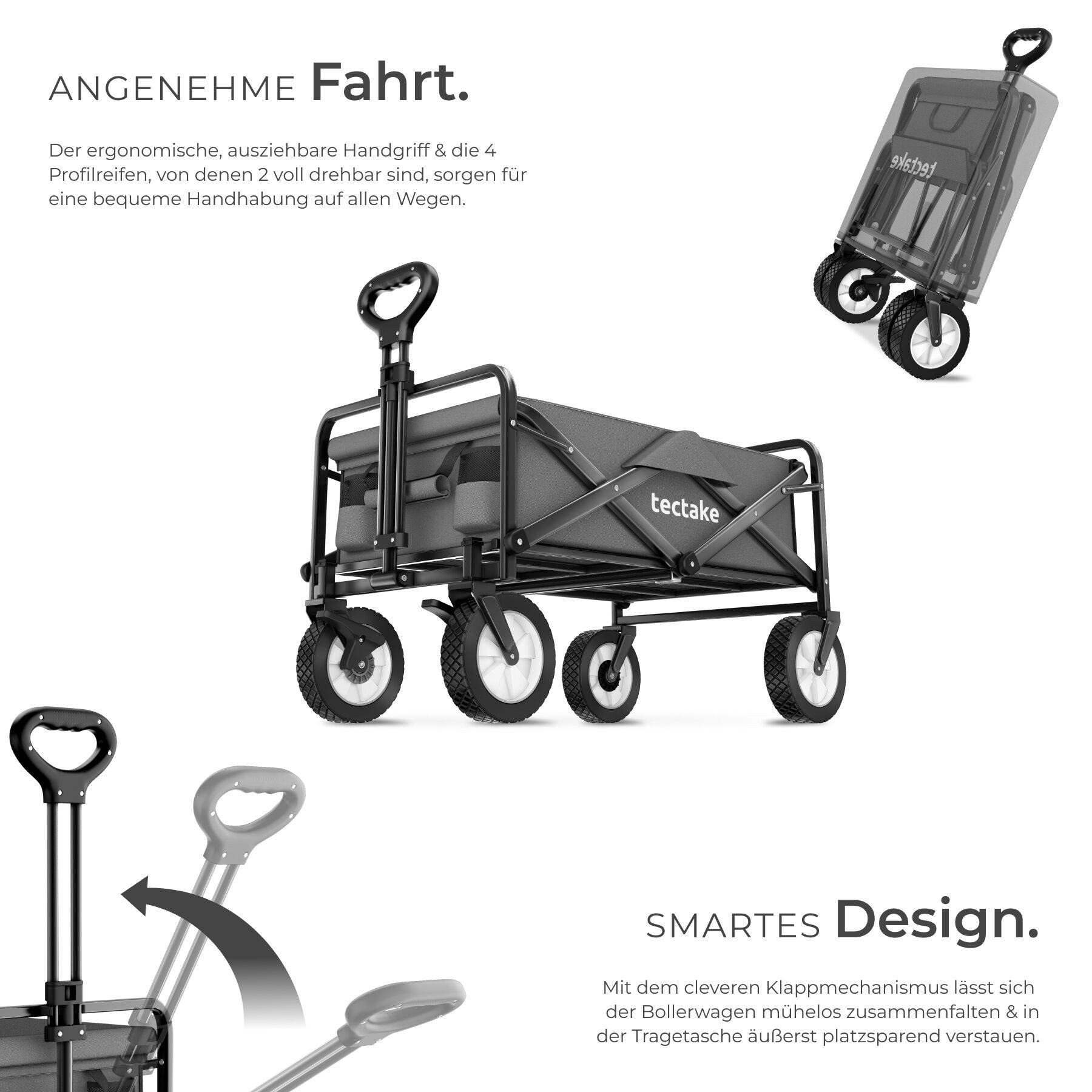 tectake Bollerwagen Faltbarer Handwagen Leon mit Bremsen, Belastbarkeit 80kg (1 Transportwagen, 1-tlg., 97L Volumen in Grau), faltbar – Bild 3 von 5