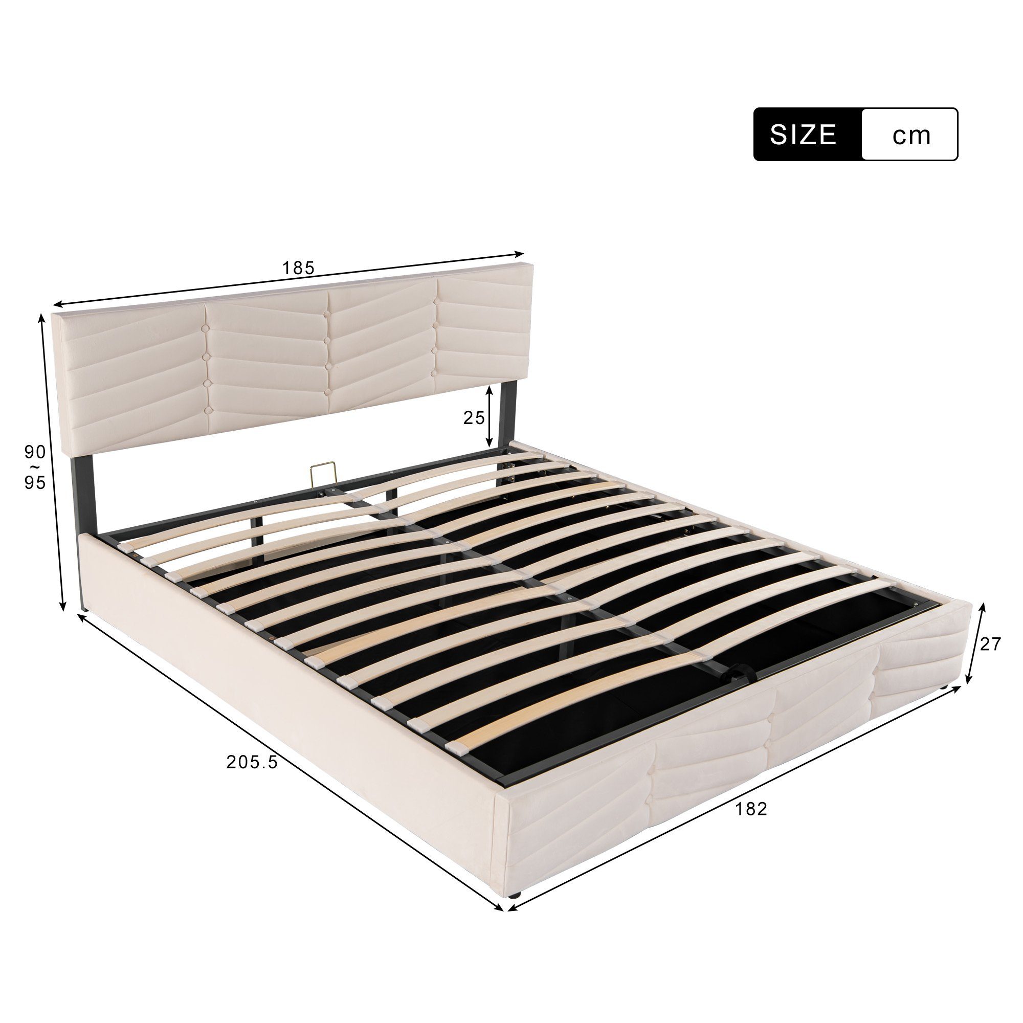Boxspringbett (Polsterbett mit Lattenrost und Bettkasten, verstellbarem Kopfteil), Doppelbett Hydraulisches Bett 180x200 cm, Bezug aus Samt