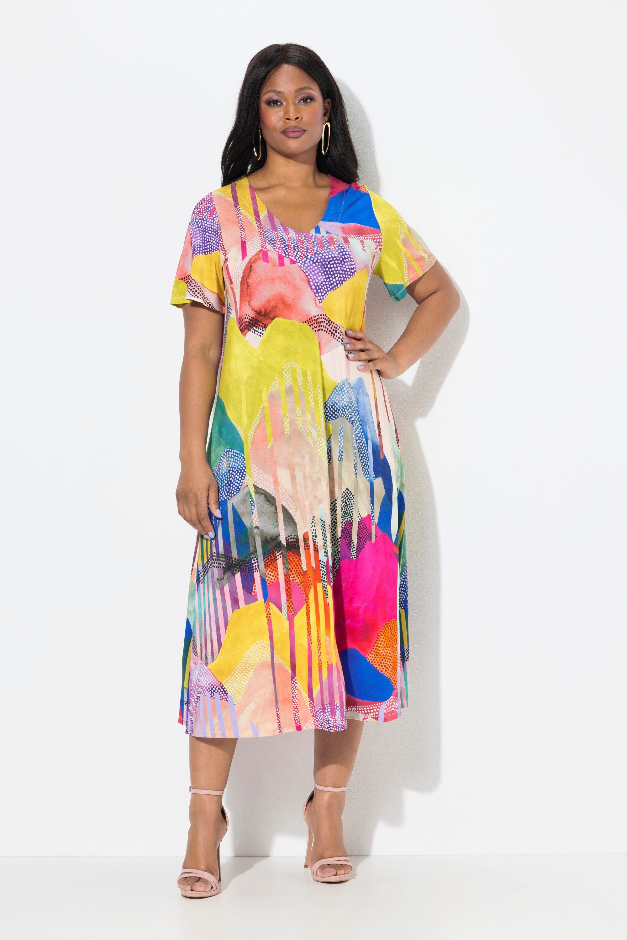 Ulla Popken Jerseykleid Midi-Slinkykleid A-Linie V-Ausschnitt