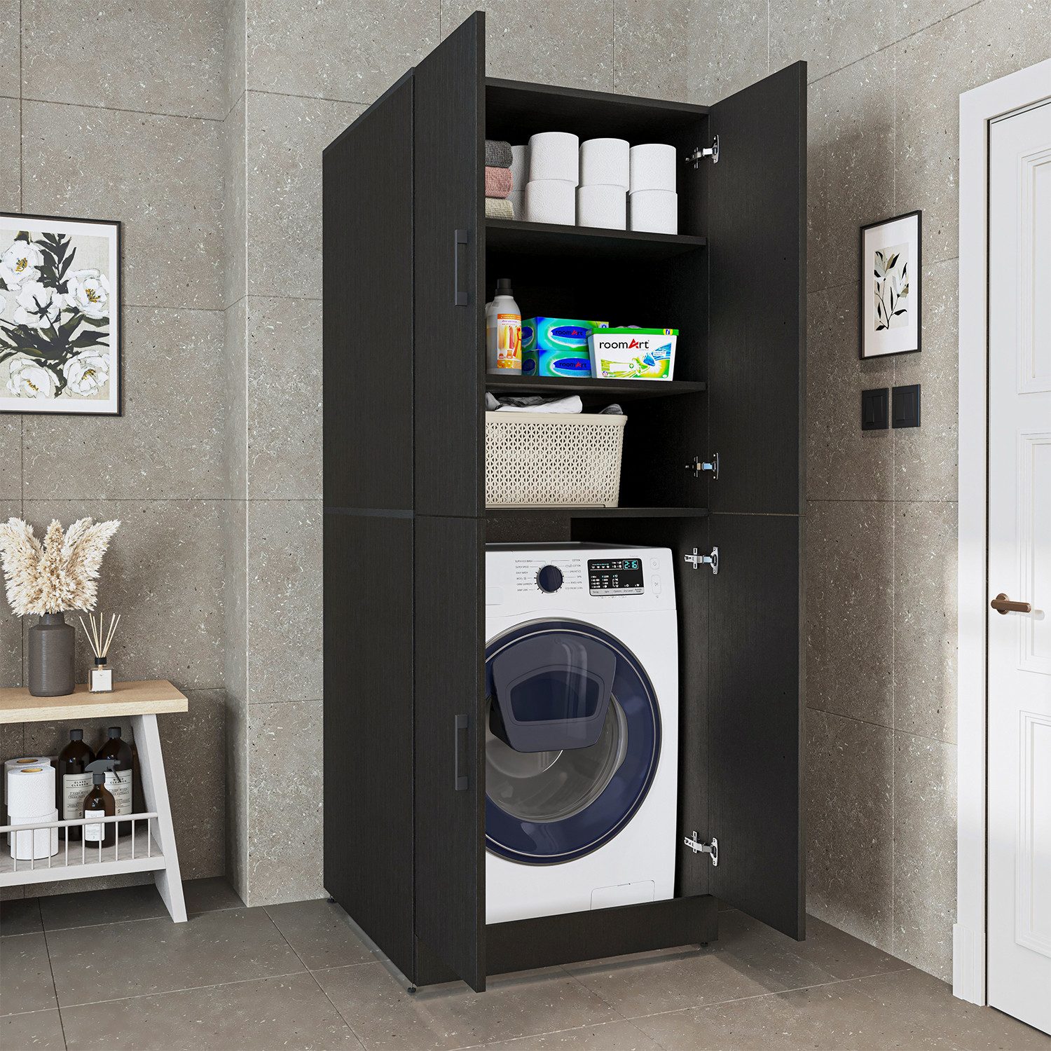 Roomart Waschmaschinenumbauschrank Waschmaschinenschrank SERIE DORA II - für Waschmaschine & Trockner (für Waschmaschine & Trockner mit Regalböden, Weiß • Weiß Eiche • Anthrazit Eiche • Eiche • Schwarz-Eiche)