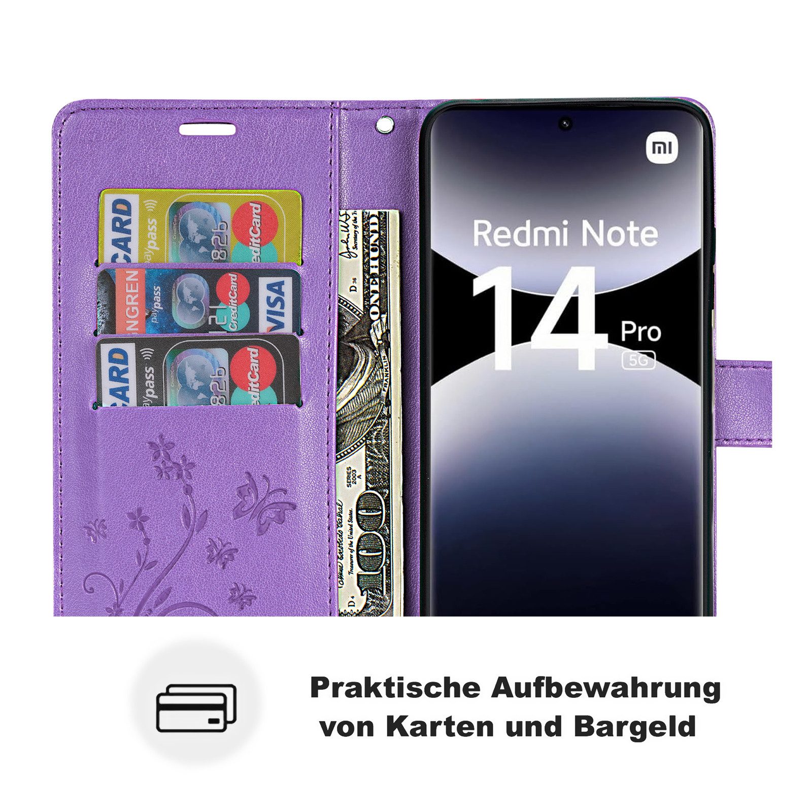 betterfon Handyhülle für Xiaomi Redmi Note 14 Pro 5G Wallet Case Flip Cover, Bookstyle-Hülle: Magnetverschluss 3 Kartenfächer & Standfunktion – Bild 5 von 5
