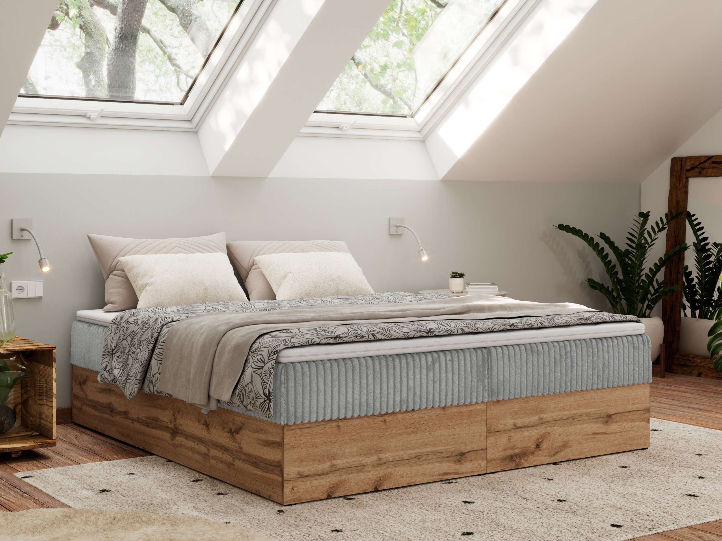 MKS MÖBEL Boxspringbett WOOD ZERO (Set, Bett, Polsterbett mit integrierten Matratzen, 2 Bettkästen, H3/H4), Topper T25 oder Visco optional, ohne Kopfteil