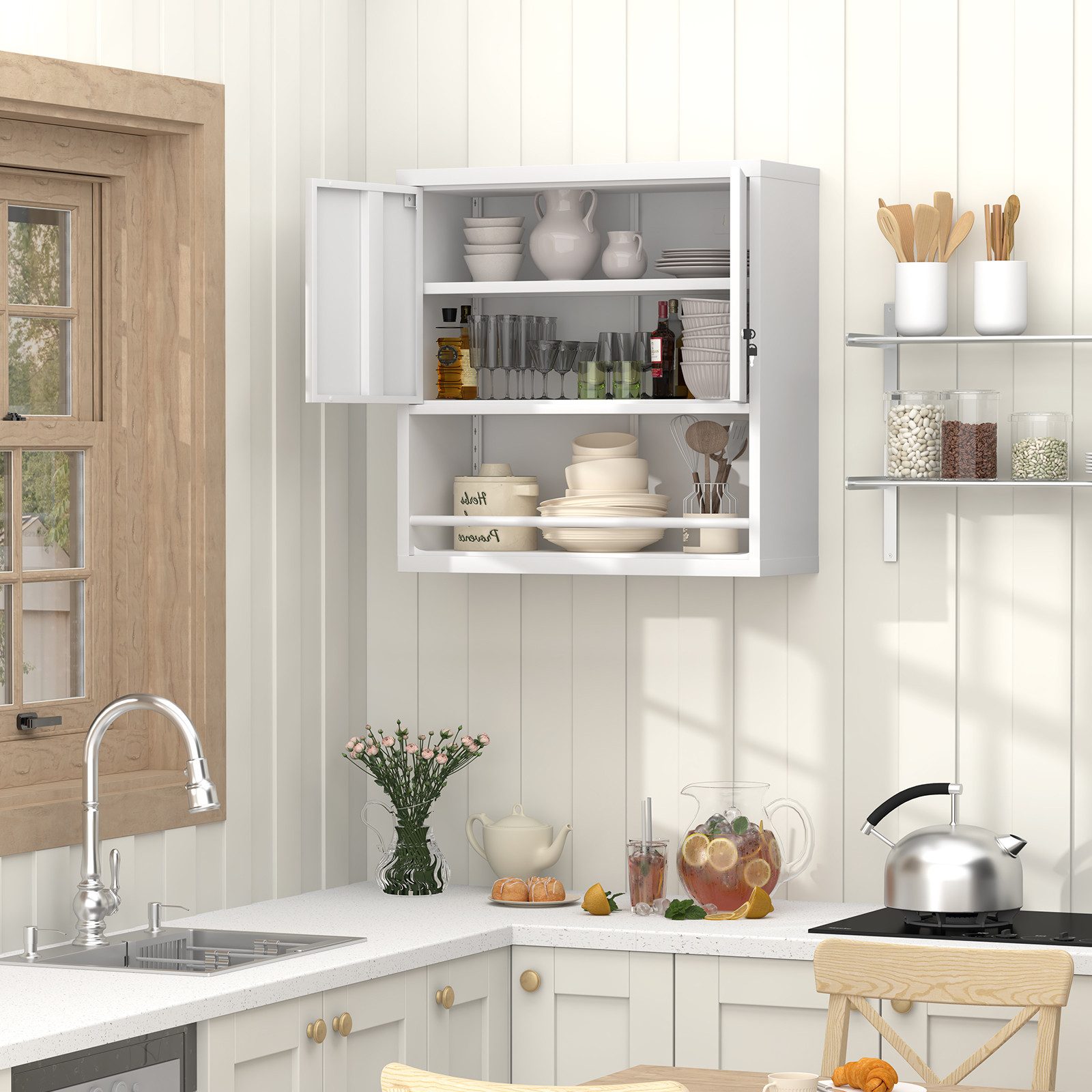 HAUSS SPOLE Hängeschrank mit verstellbaren Einlegeböden,Metallschrank Küchenschrank,Weiß (Wandschrank Metallschrank wandmontiertes Design mit abschließbarer Tür)