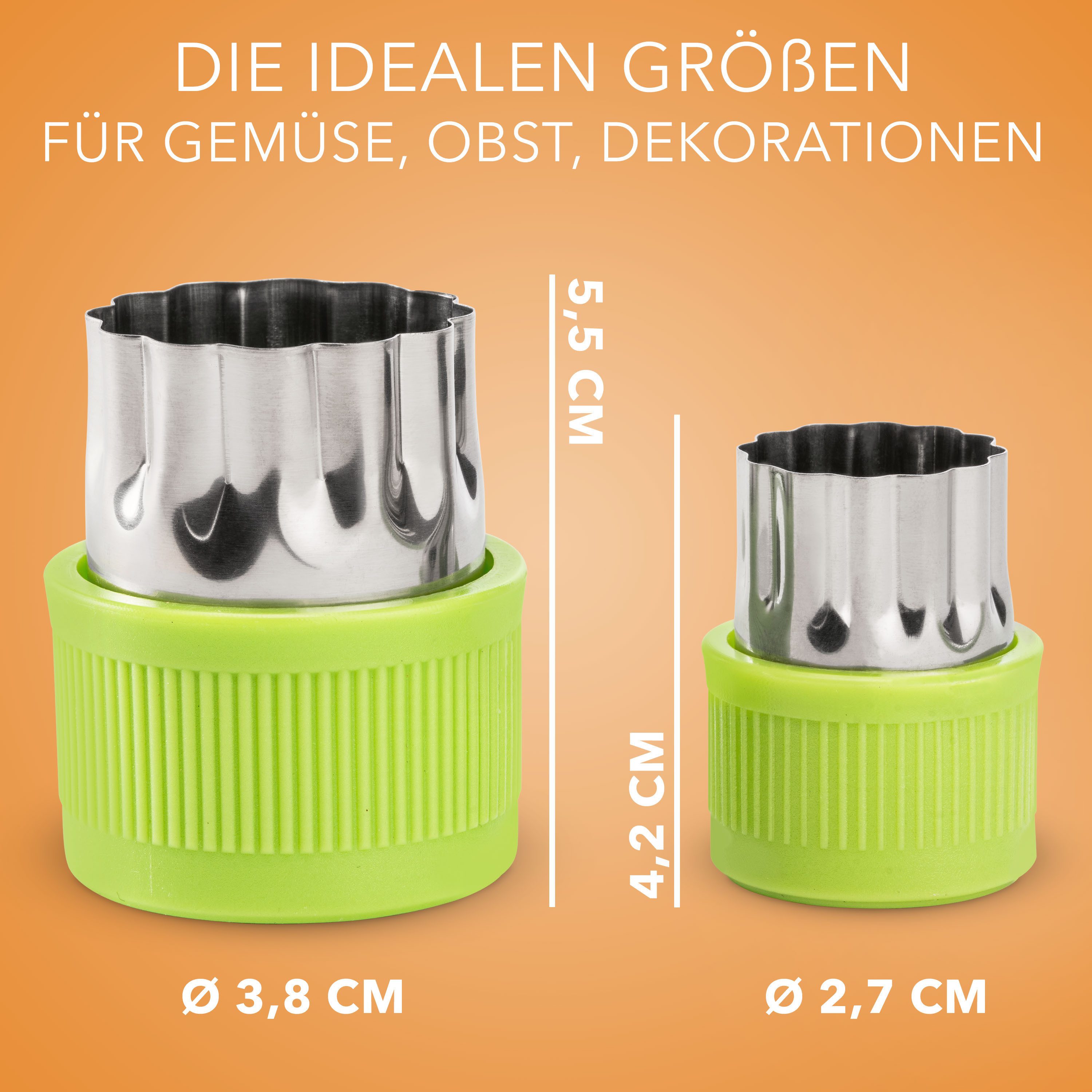 AVANA Ausstechform Edelstahl Ausstechformen Gemüse Obst Ausstecher Keks Gemüseausstecher, Edelstahl, (9 Stück), Schutzgriff für Kinder, BPA-frei, Grün
