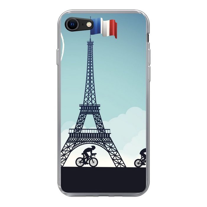 MuchoWow Handyhülle Eine Illustration von Radfahrern die am Eiffelturm vorbeifahren Handyhülle Apple iPhone 8 Smartphone-Bumper Print Handy Schutzhülle