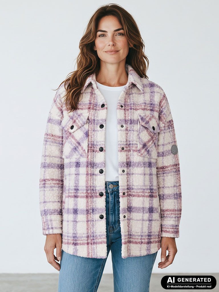 Baumfuchs Langarmhemd Damen Long-Overshirt Karomuster - Warme Hemd-Jacke Übergangsjacke Druckknopf-Verschluss, Taffeta Futter in Ärmeln, Eingrifftaschen