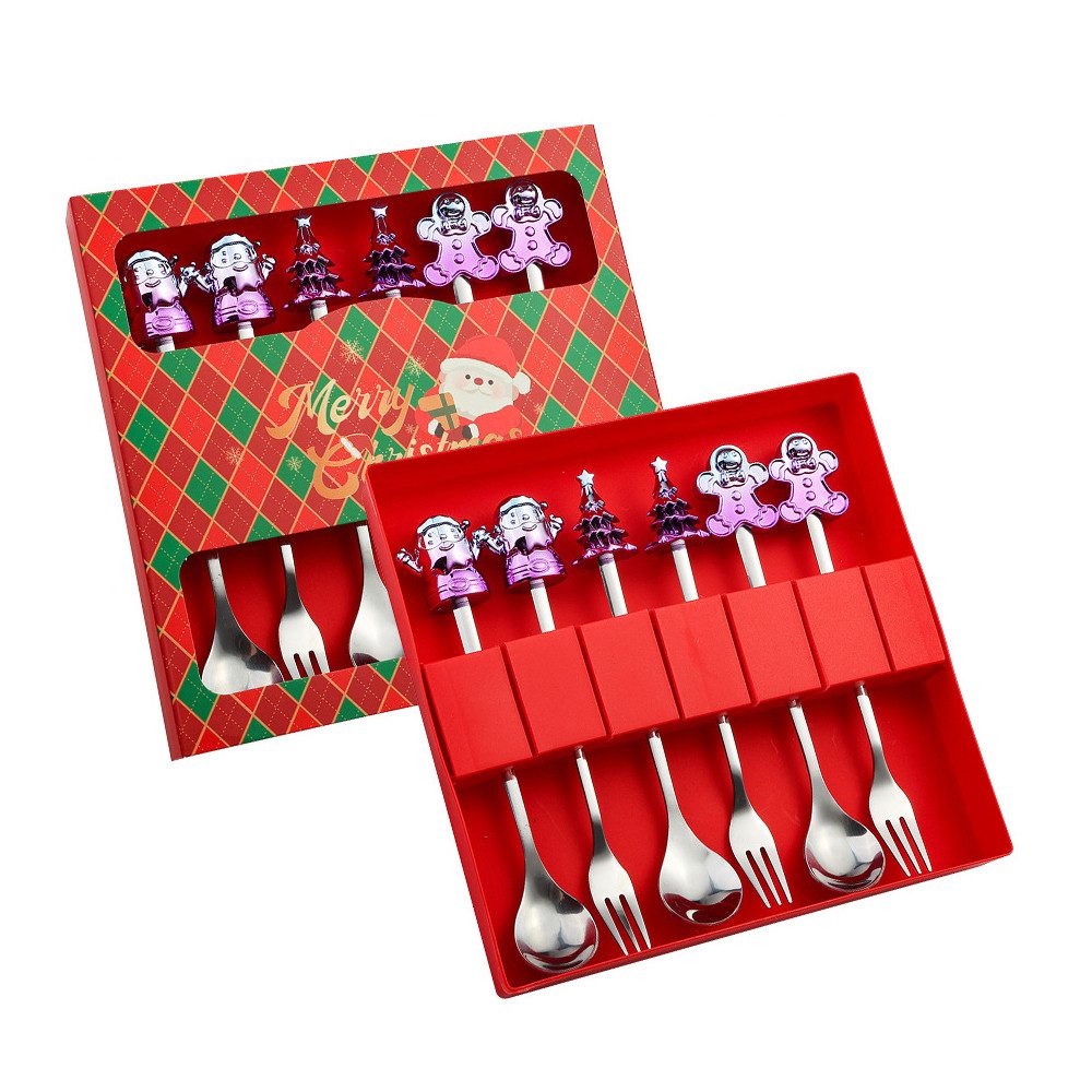 Coonoor Geschirr-Set 6 Stück Weihnachtslöffel Weihnachten Edelstahl Dessert Kaffeelöffel, Mit Weihnachtsbaum, Rentier, Weihnachtsmann und Lebkuchen dekoriert