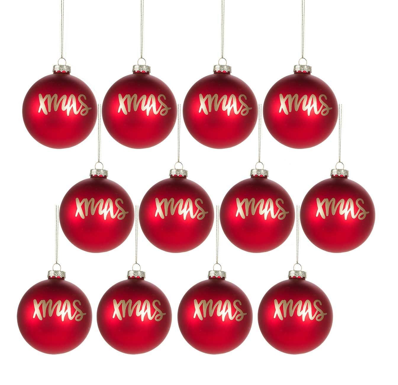 Bubble-Store Weihnachtsbaumkugel Echtglas, 12 Weihnachtskugeln mit Xmas-Schriftzug