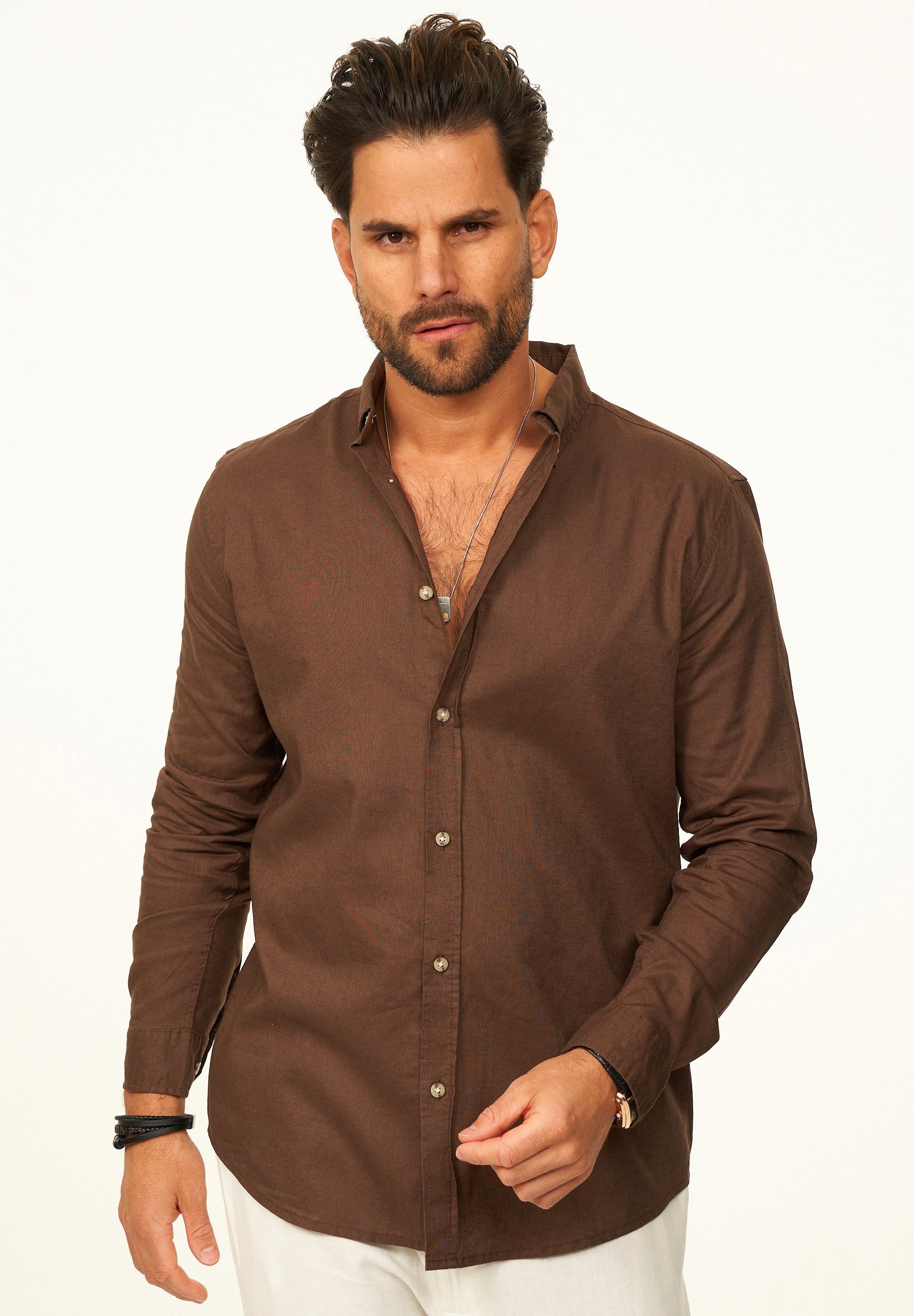 behype Langarmhemd aus Leinen im Regular-Fit Sommerhemd Herren Leinenhemd Freizeithemd mit Button-Down-Kragen