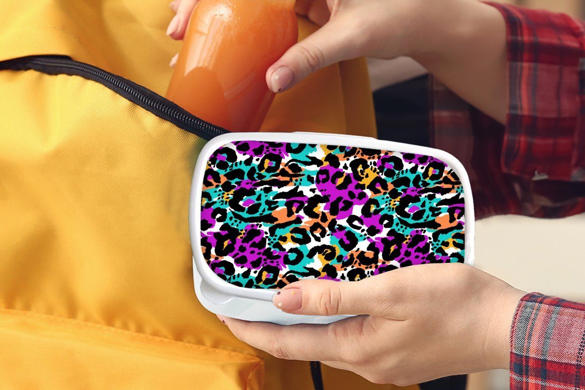 Pantherdruck Lunchbox für für - (2-tlg), Mädchen Brotbox und Brotdose, und Kunststoff, - Jungs Flecken, Regenbogen MuchoWow Erwachsene, weiß Kinder