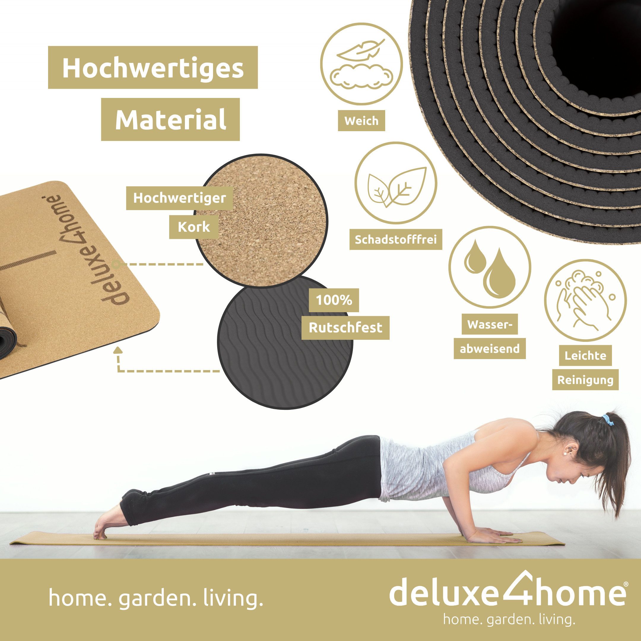 deluxe4home Yogamatte Gymnastikmatte Kork mit Ausrichtungslinien I Turnmatte Fitness Matte, inkl. Tragegurt – Bild 3 von 5