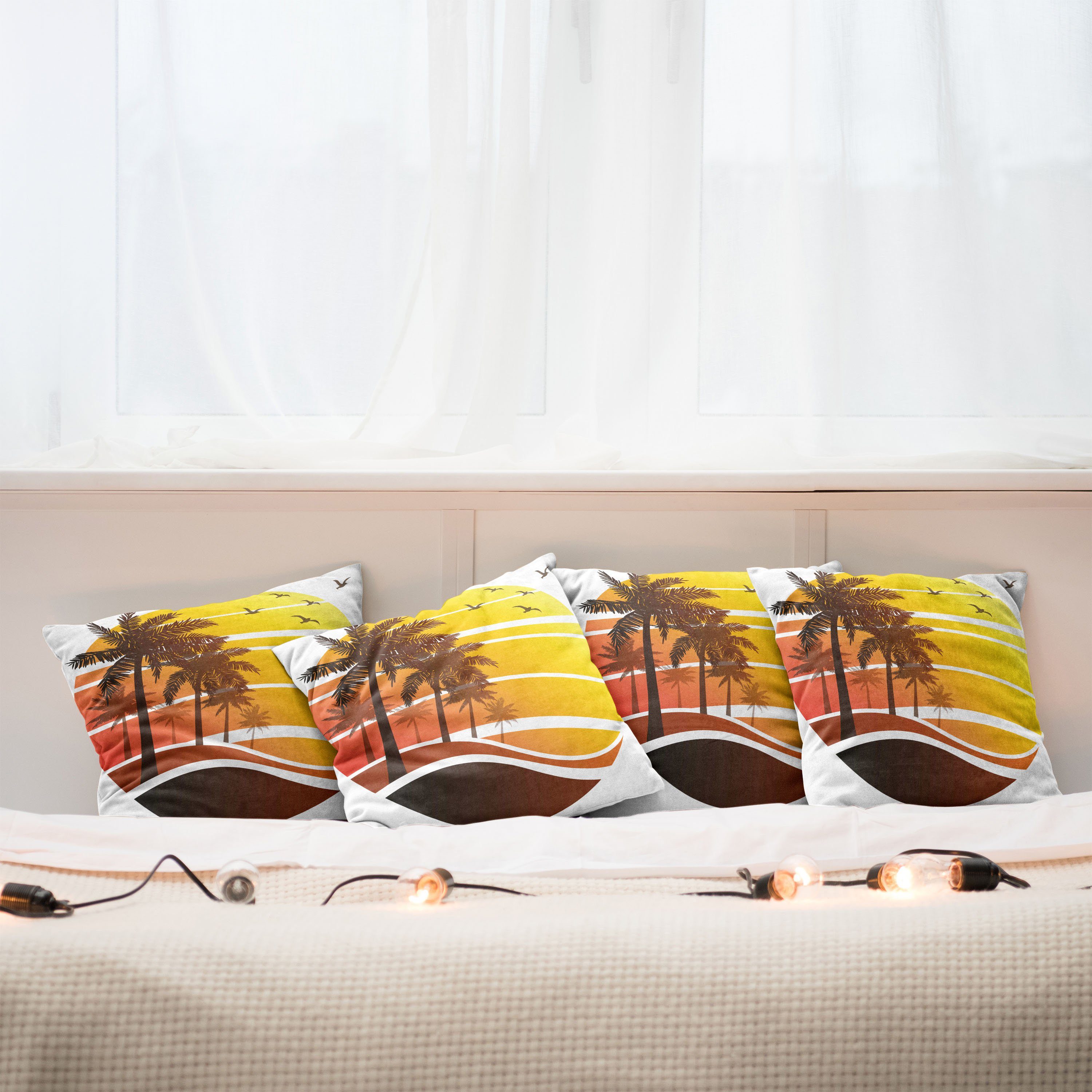 (4 Kissenbezüge Accent Abakuhaus Tropisch Digitaldruck, Stück), Doppelseitiger Vögel Modern Strand-Palmen