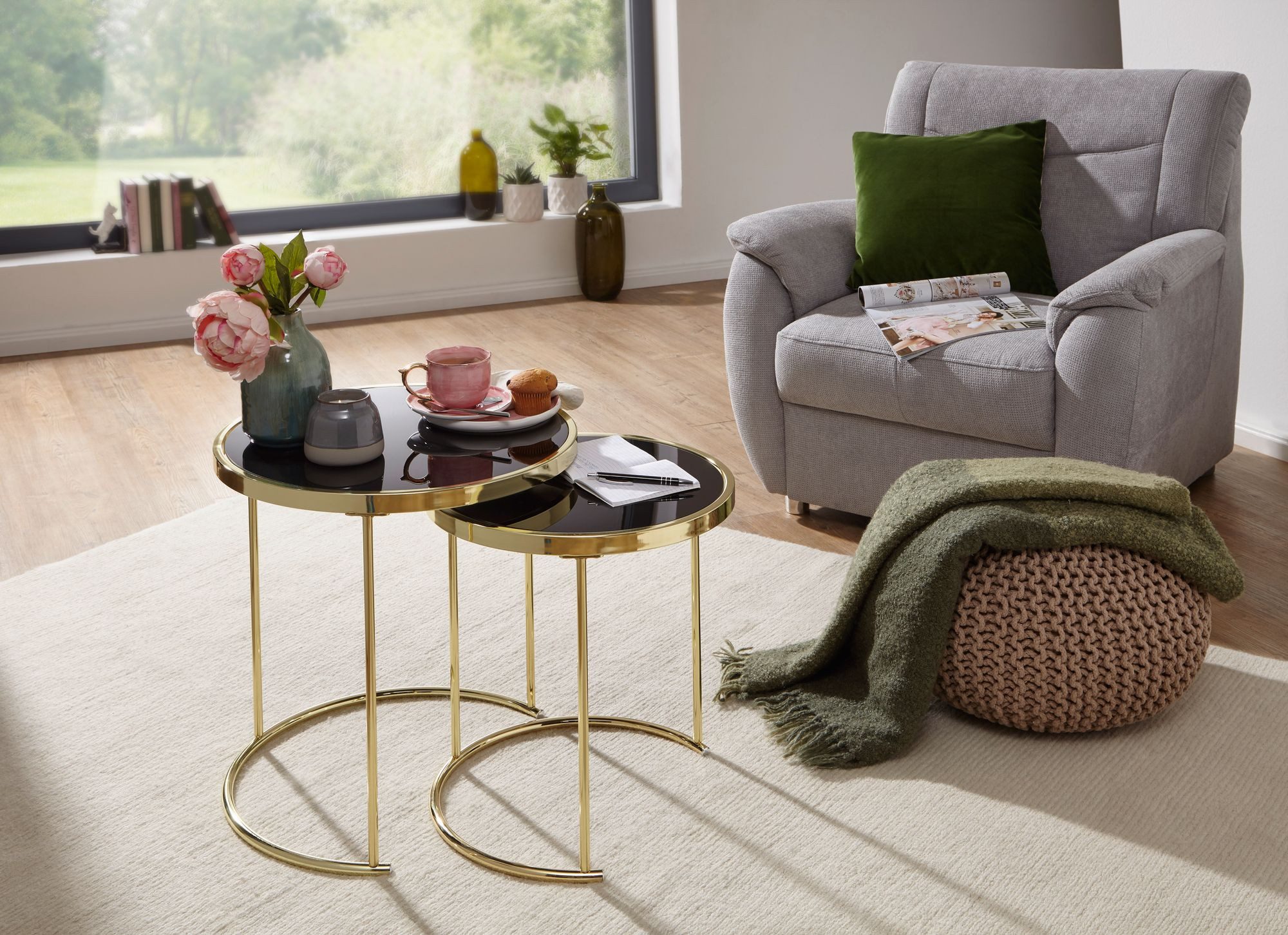 FINEBUY Satztisch FB49696 COMO schwarz/Gold Beistelltisch Metall/Glas Couch günstig online kaufen