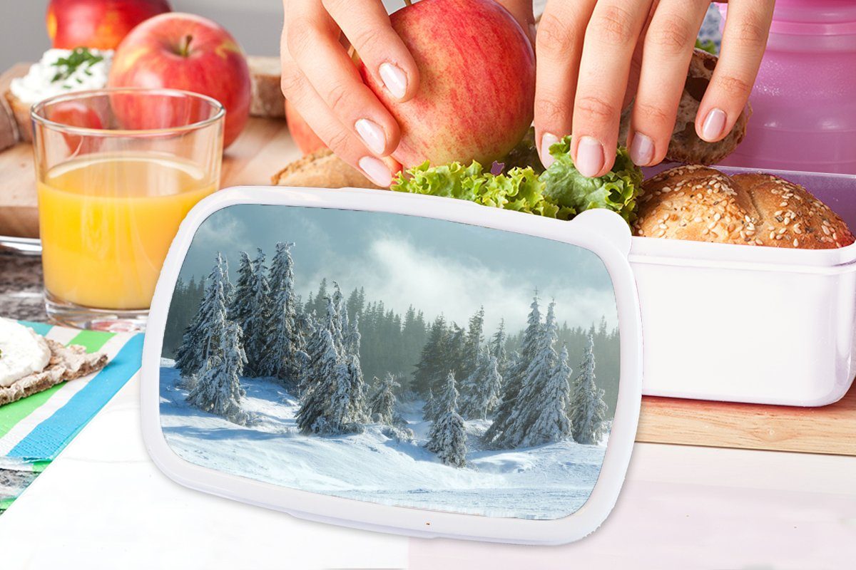 Winter, Schnee und Brotdose, Brotbox - weiß für MuchoWow Jungs - für Kinder Mädchen und Kunststoff, Lunchbox Erwachsene, (2-tlg), Wald