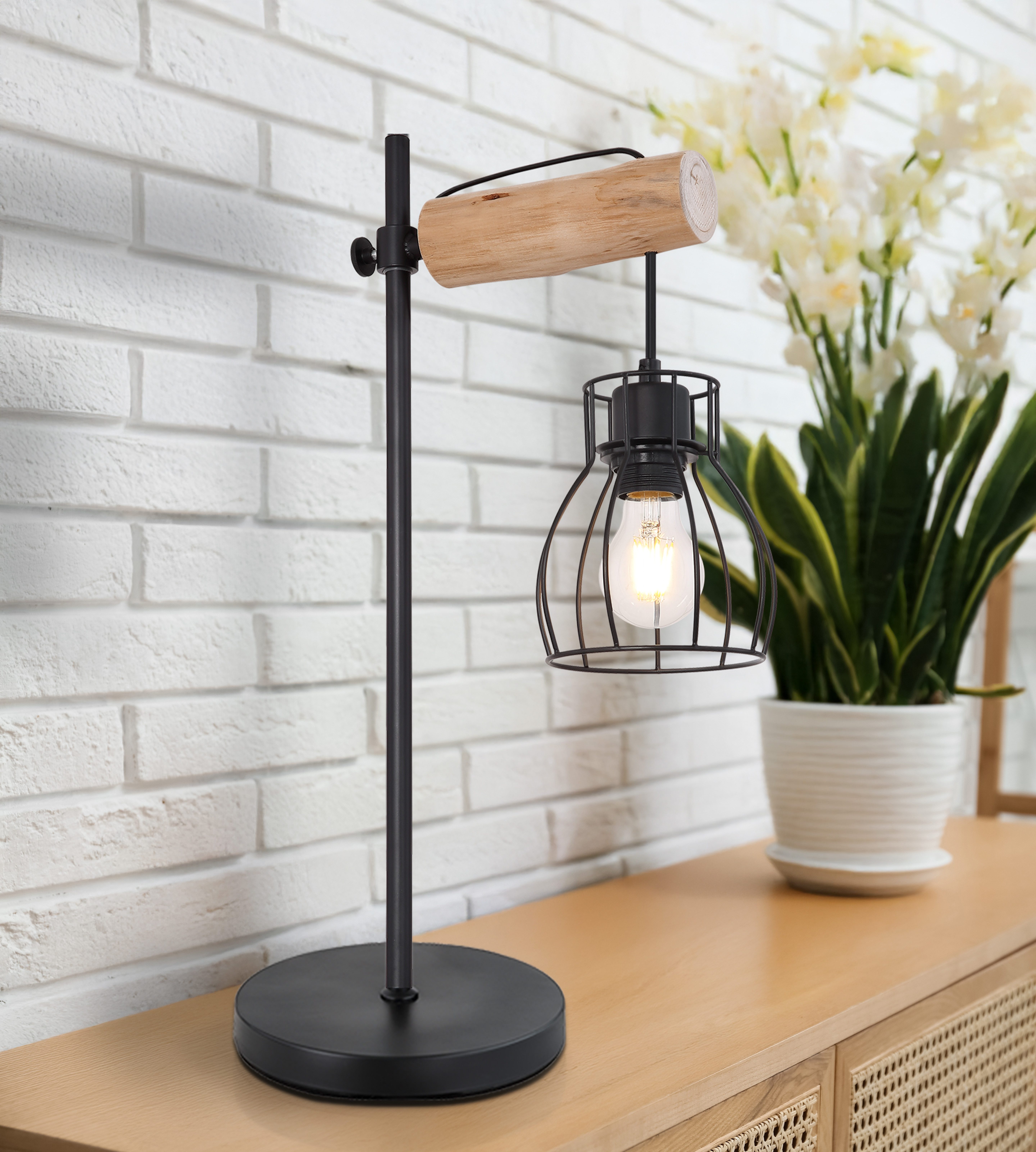 GLOBO LIGHTING Tischleuchte MINA, ohne Leuchtmittel, Tischleuchte Schwarz/Holz, Wippschalter, E27