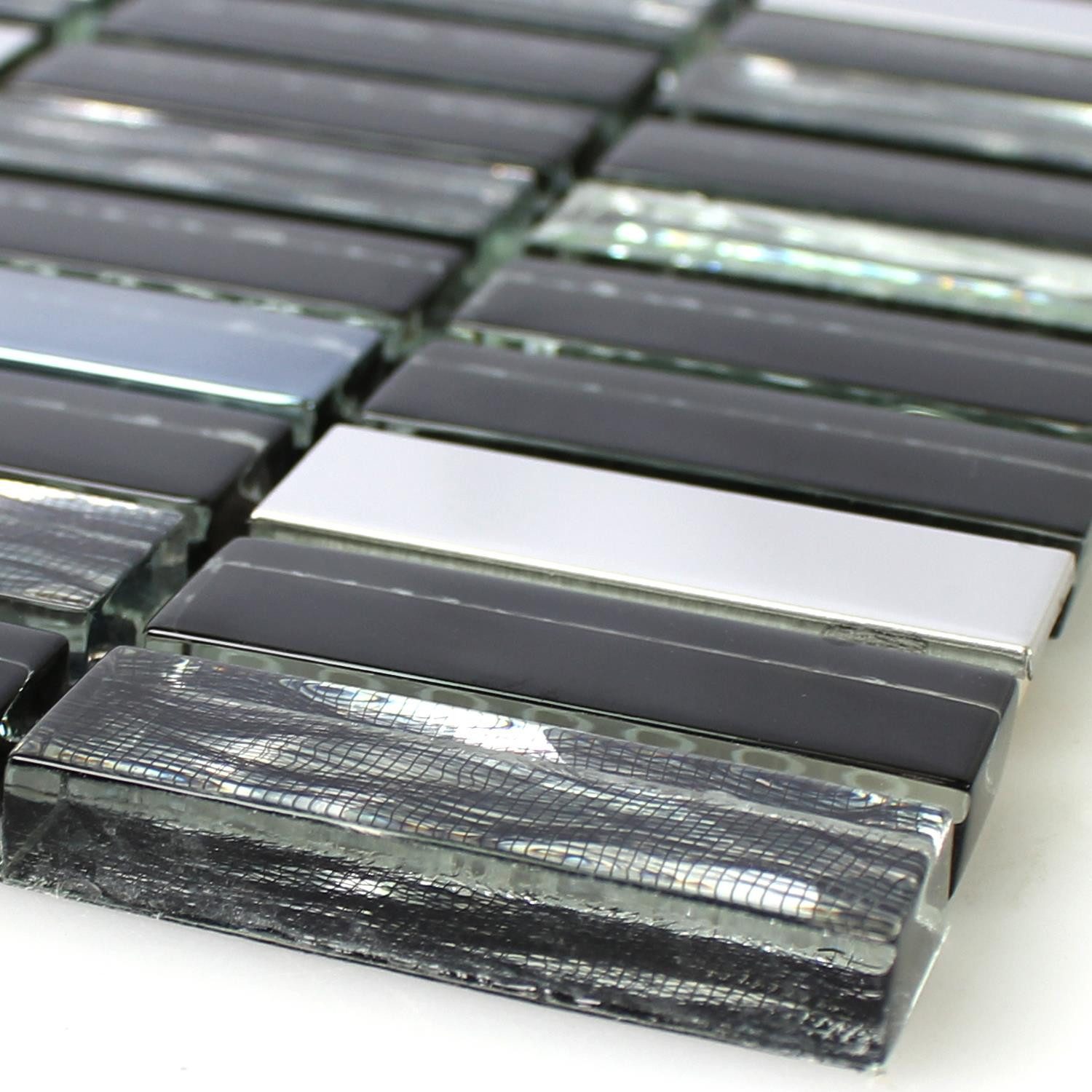 Mosafil Mosaikfliesen Glas Edelstahl Mosaikfliesen Malaya Schwarz Stäbchen, Glas-Edelstahl 30.400x29.800, schwarz-grau-silber, Verlegefertig auf ein Netz geklebt - Wasserfest