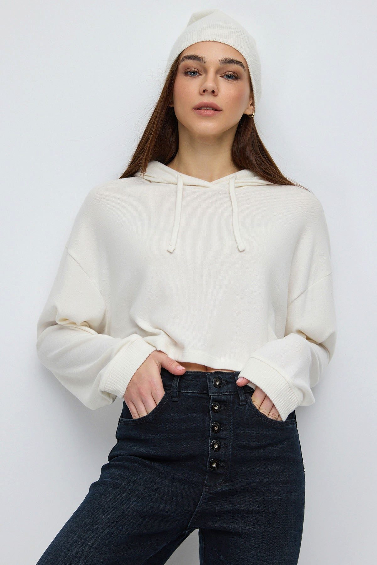 Kapuzensweatshirt Kapuzen-Crop-Top aus weichem Strickmaterial